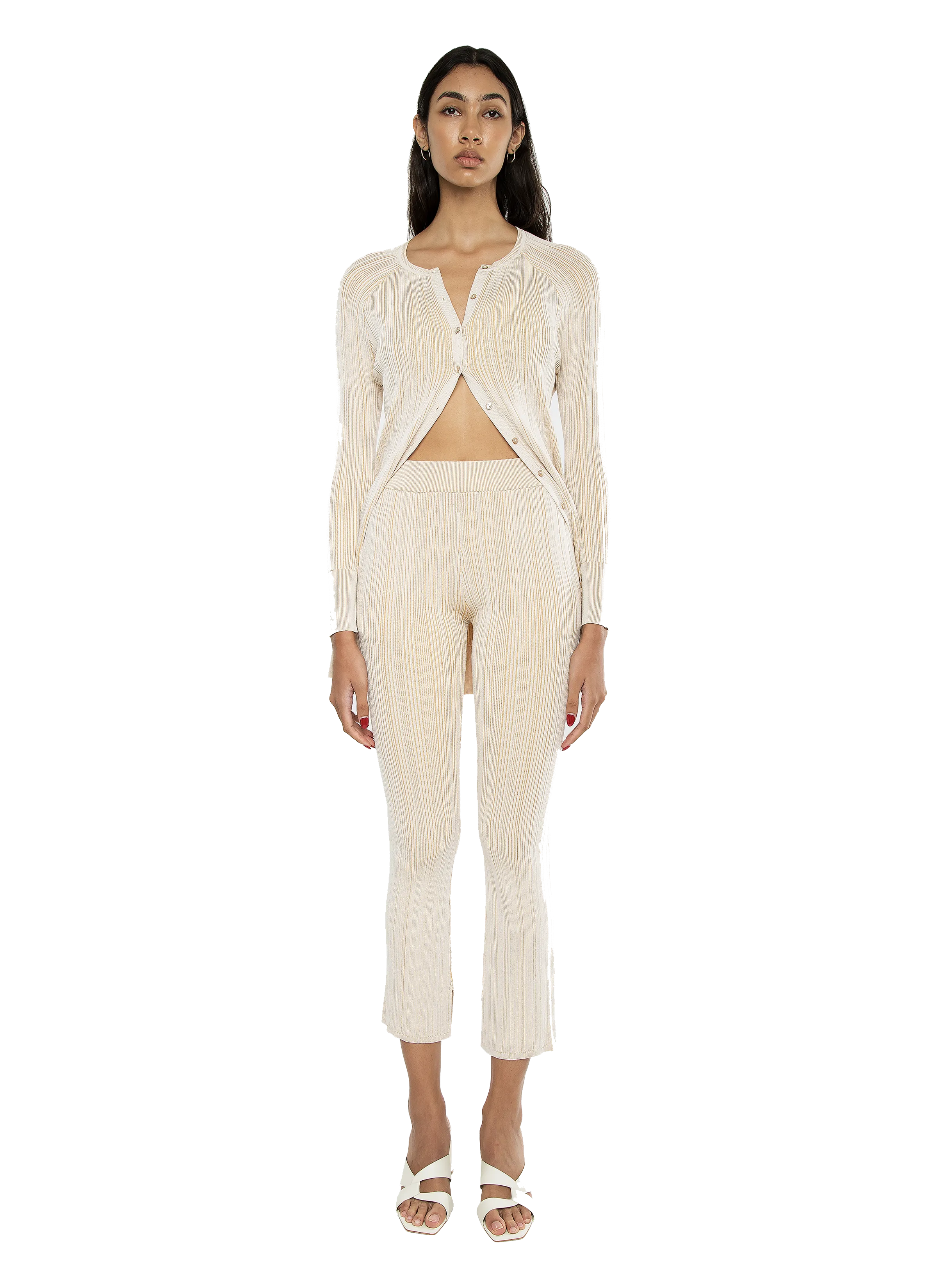 Ellie Rib Knit Dress/ Cardigan Off-White Camel Combo