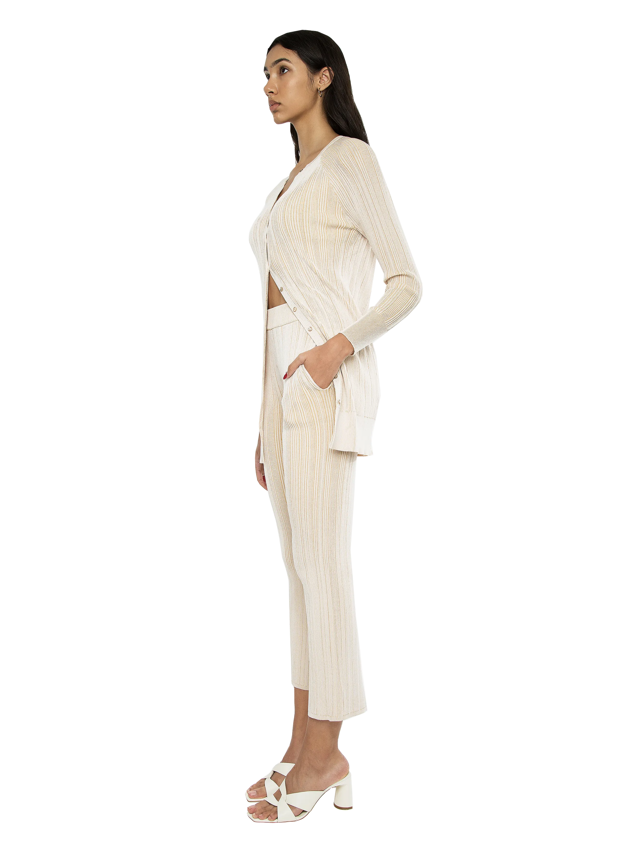 Ellie Rib Knit Dress/ Cardigan Off-White Camel Combo