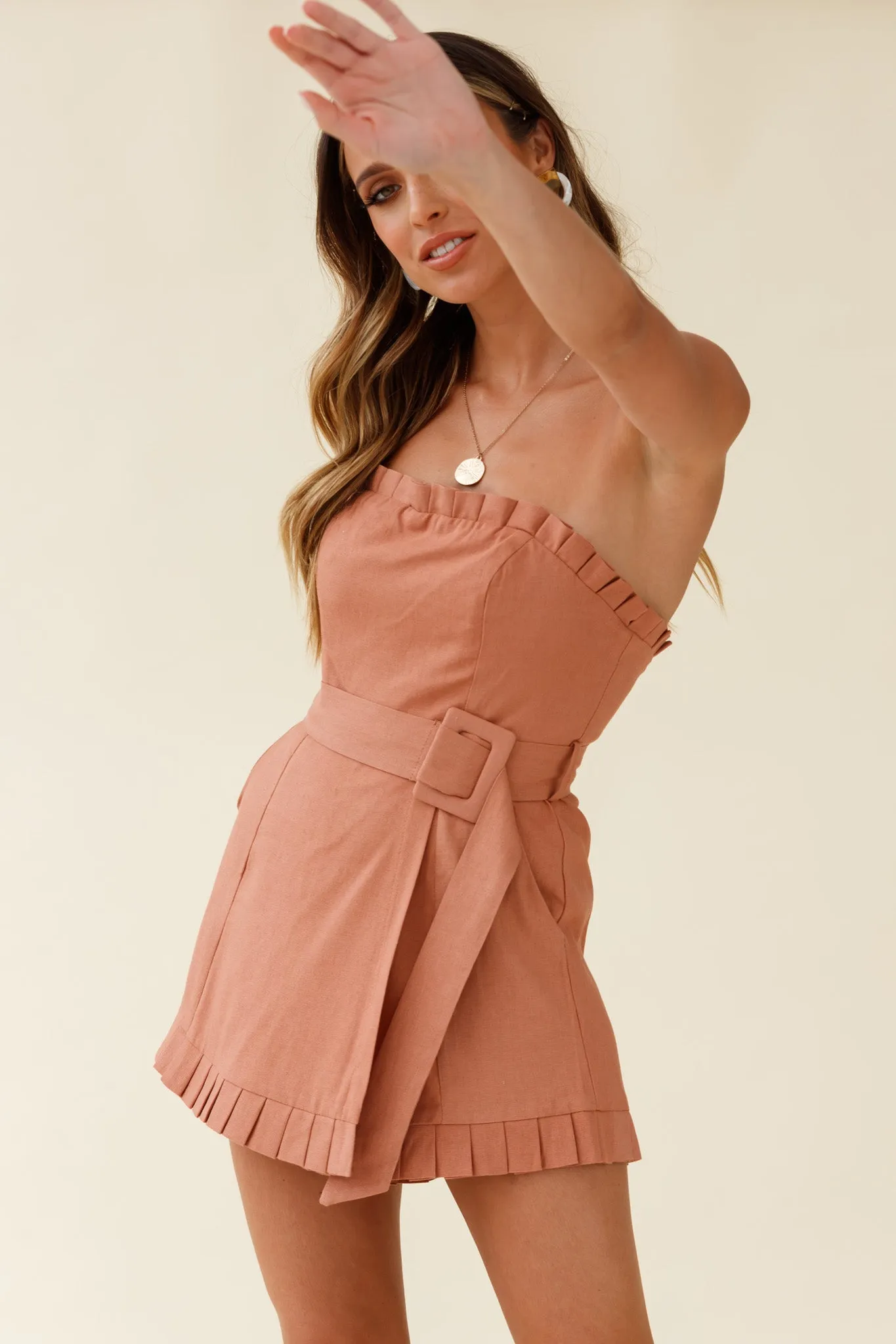 Elodie Pleat Trim Belted Skort Romper Tan