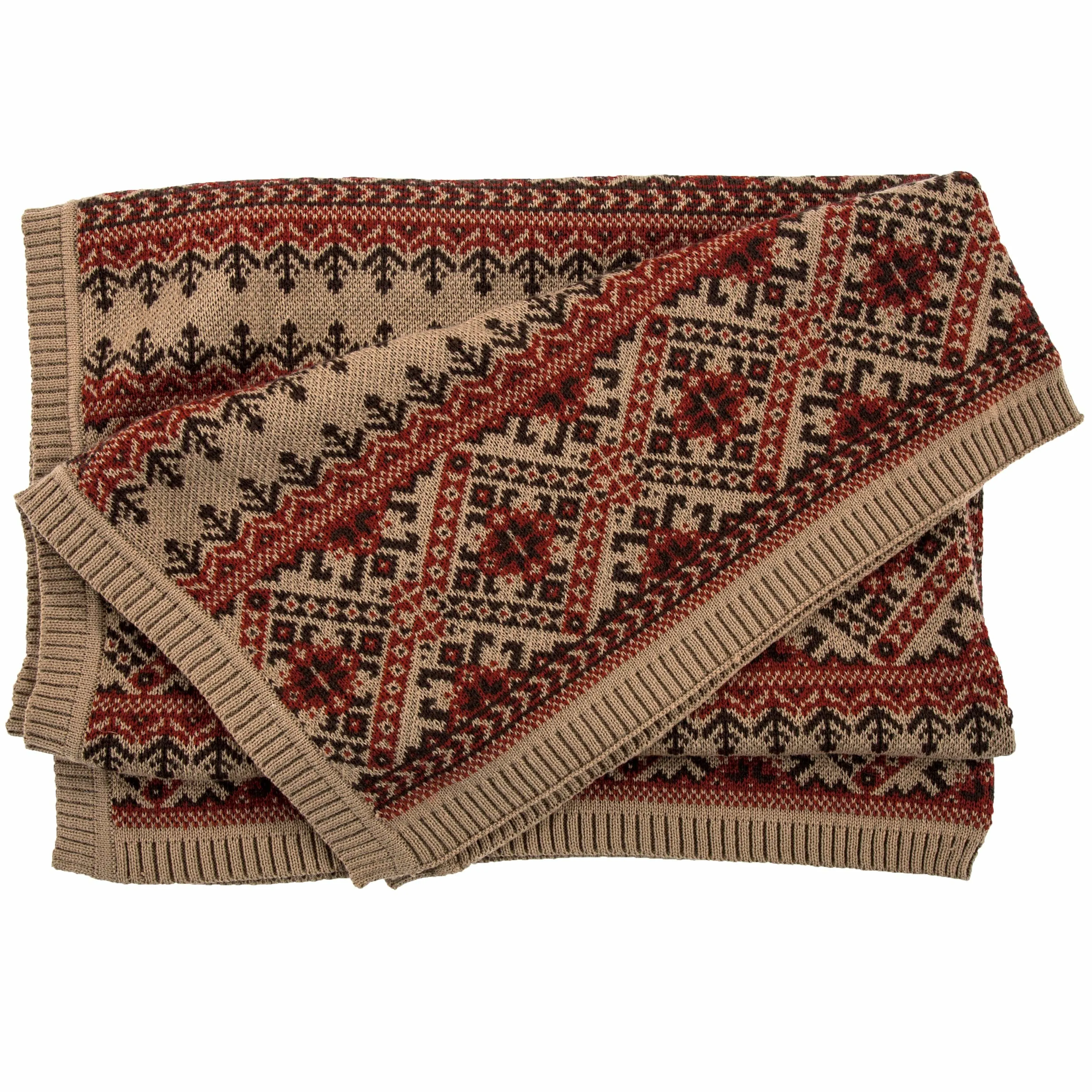 Fair Isle Red & Brown Knit Throw Blanket, 50x60