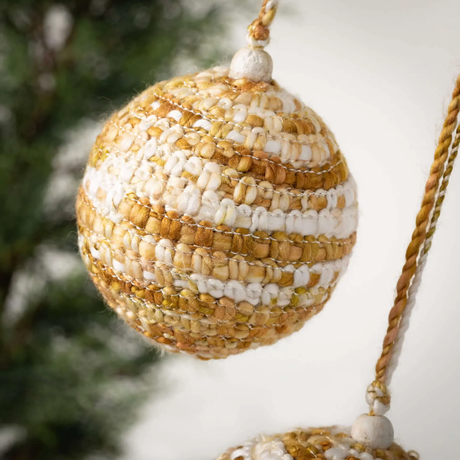 Gold-White Knit Ball Ornaments