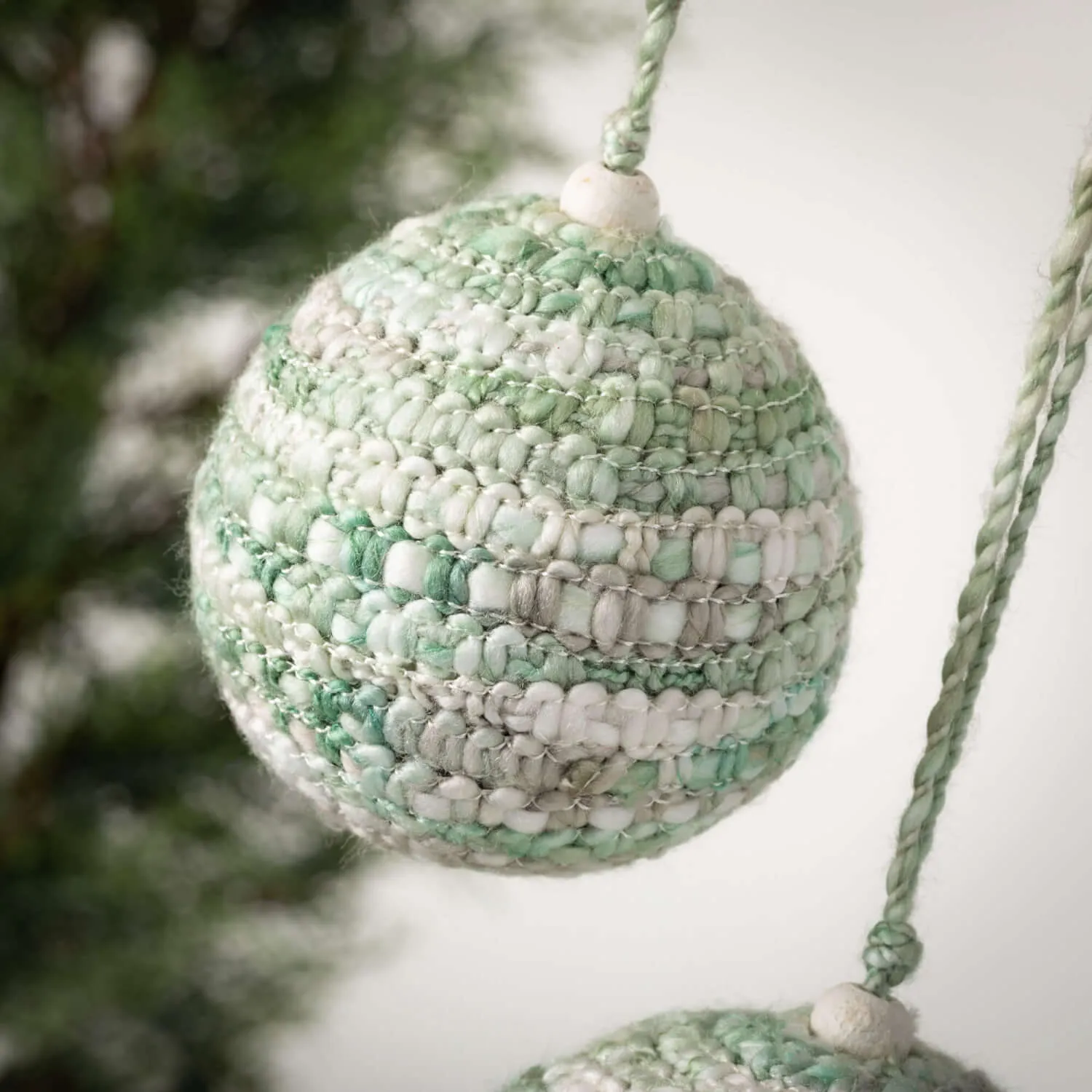 Green-White Knit Ball Ornament