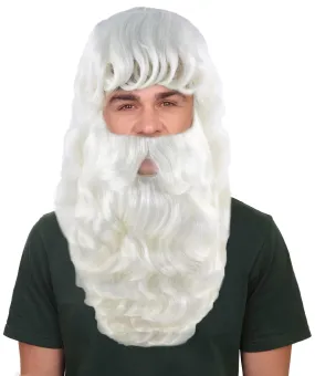 HPO adult Men's Santa Wig and Full Beard Set I White color I Flame retardant synthetic fiber I Breathable capless cap
