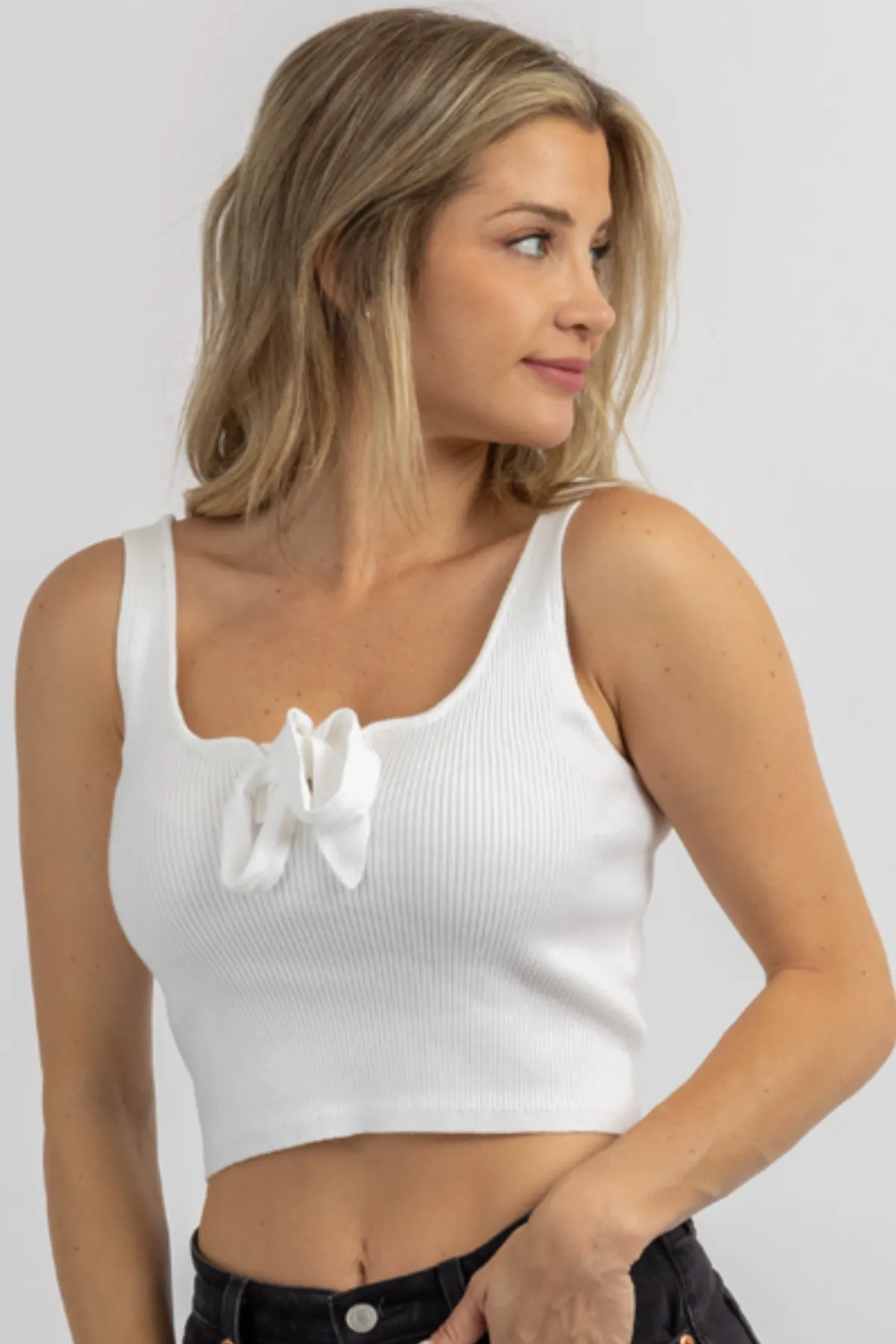 IVORY BOW BLISS KNIT RIBBED TANK