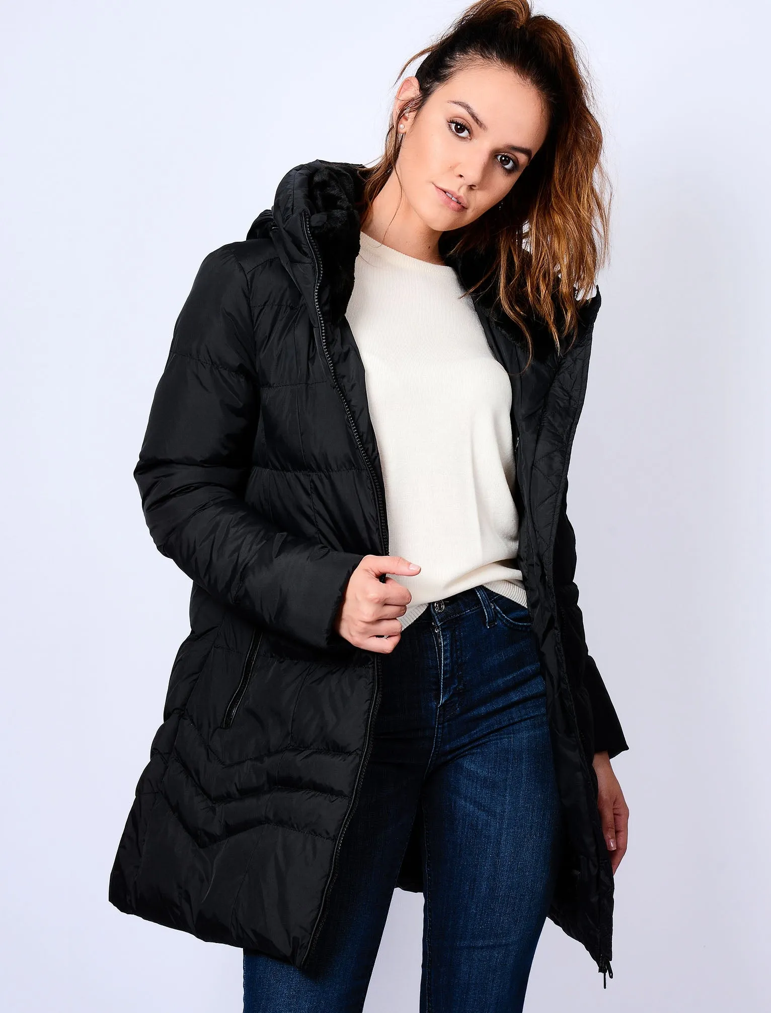 Jamarico Longline Quilted Coat with Expandable Hood in Black - Tokyo Laundry