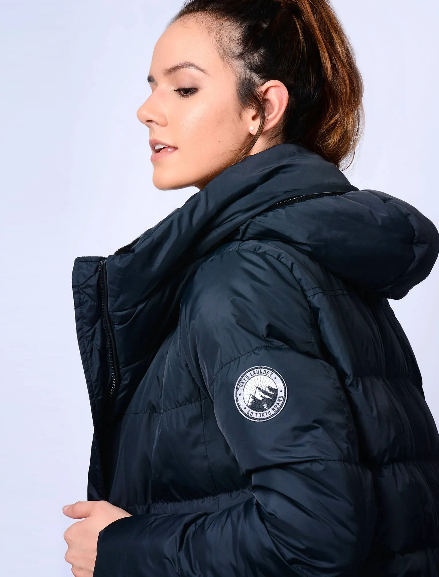 Jamarico Longline Quilted Coat with Expandable Hood in Navy - Tokyo Laundry