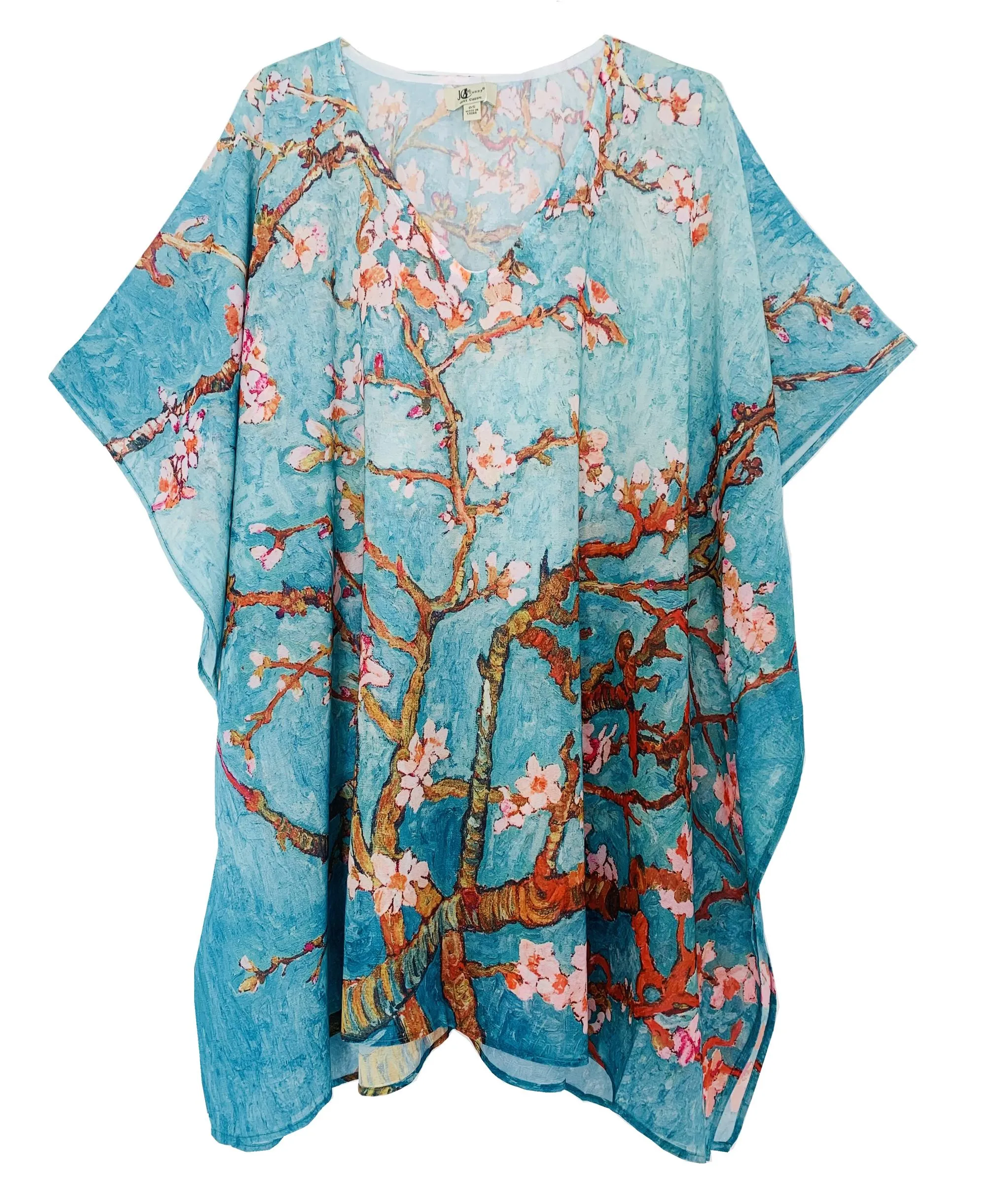 JC061933 Aqua-Pink Cherry Blooms V-Neck Kimono