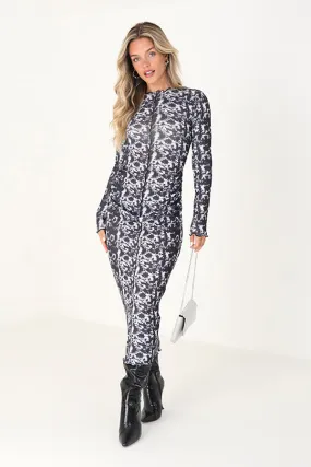 JERSEY MESH LONG SLEEVE MAXI WITH ALL OVER ABSTRACT PRINT