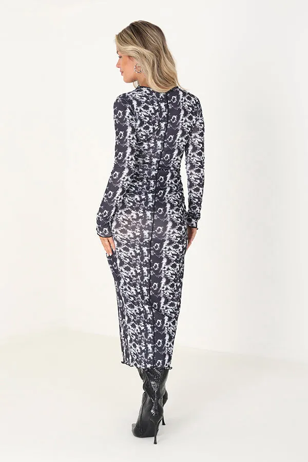 JERSEY MESH LONG SLEEVE MAXI WITH ALL OVER ABSTRACT PRINT