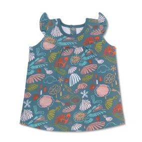KEFE Flutter Sleeve Dress - Teal Flower Garden