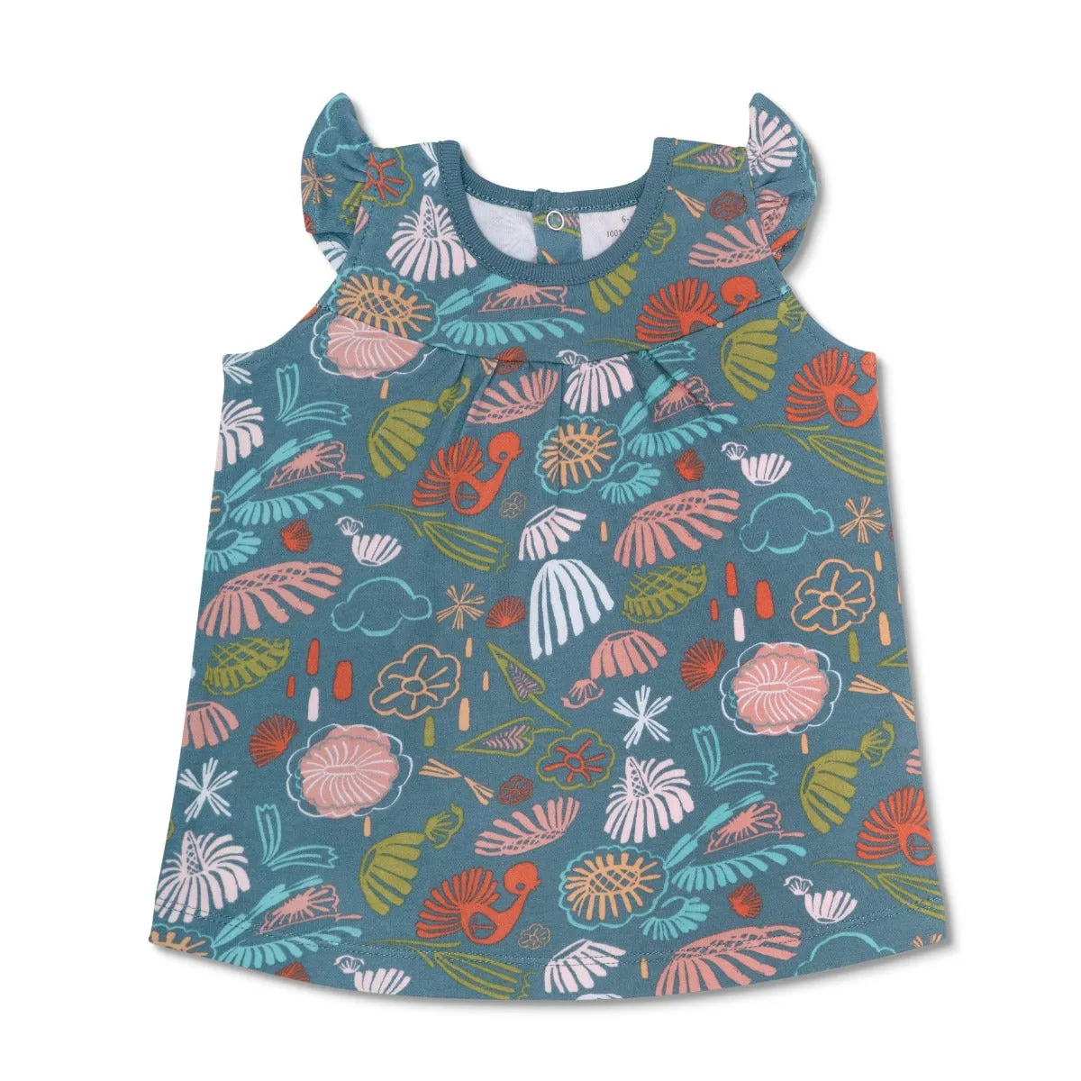 KEFE Flutter Sleeve Dress - Teal Flower Garden