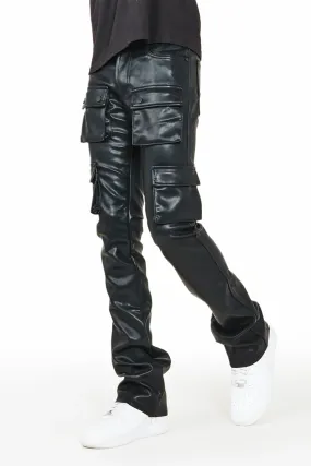 Khaza Black Faux Leather Stacked Flare Jean