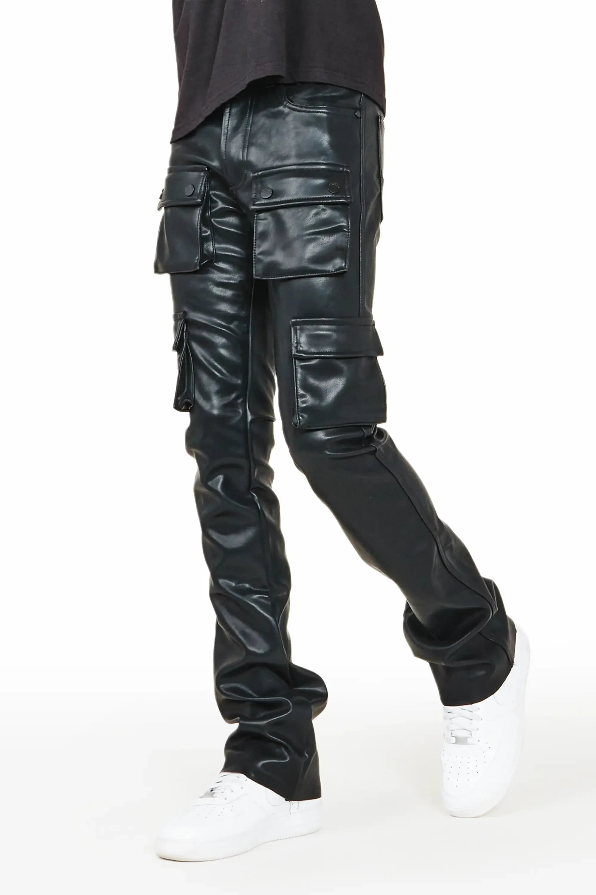 Khaza Black Faux Leather Stacked Flare Jean