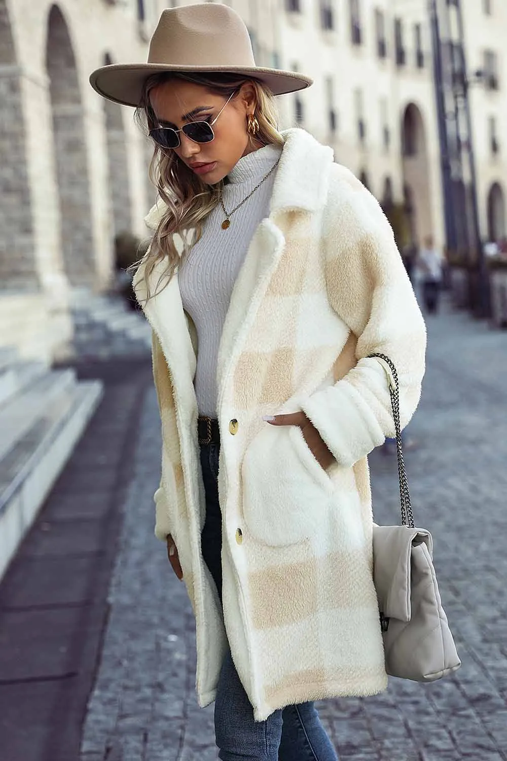 Lapel Plaid Fleece Coat with Pockets Shirts