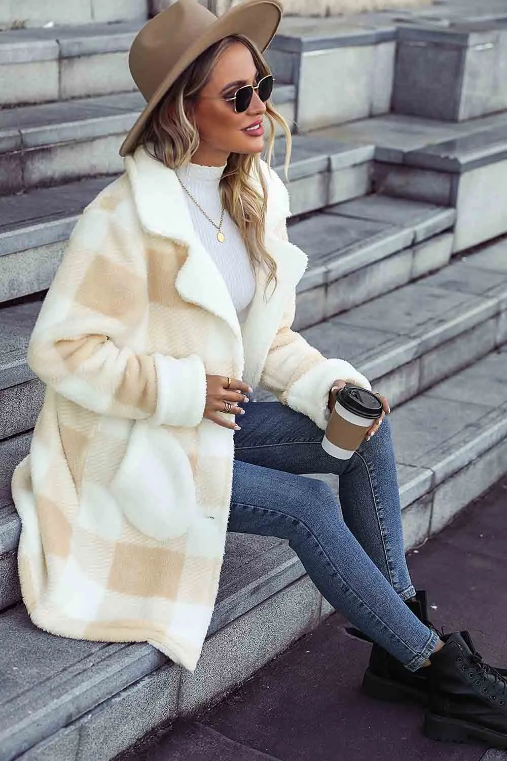 Lapel Plaid Fleece Coat with Pockets Shirts