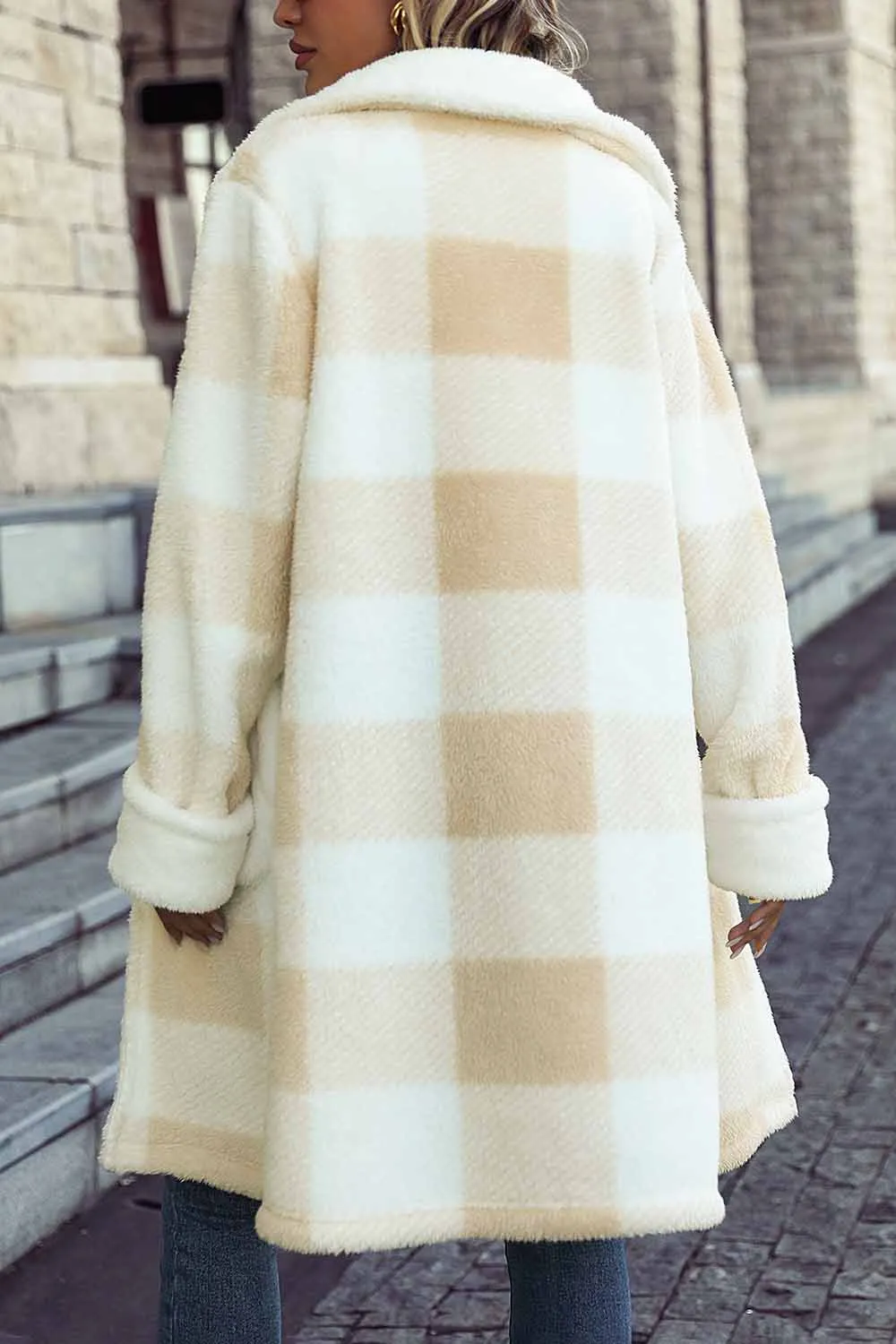Lapel Plaid Fleece Coat with Pockets Shirts