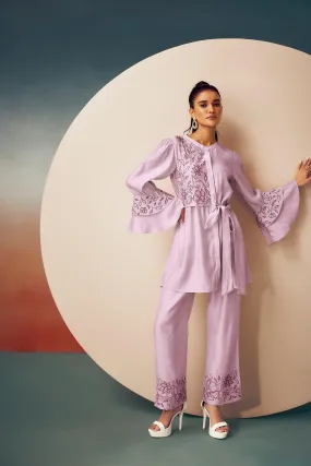 Lavender Pink Embroidered Tunic & Trouser Set With Belt