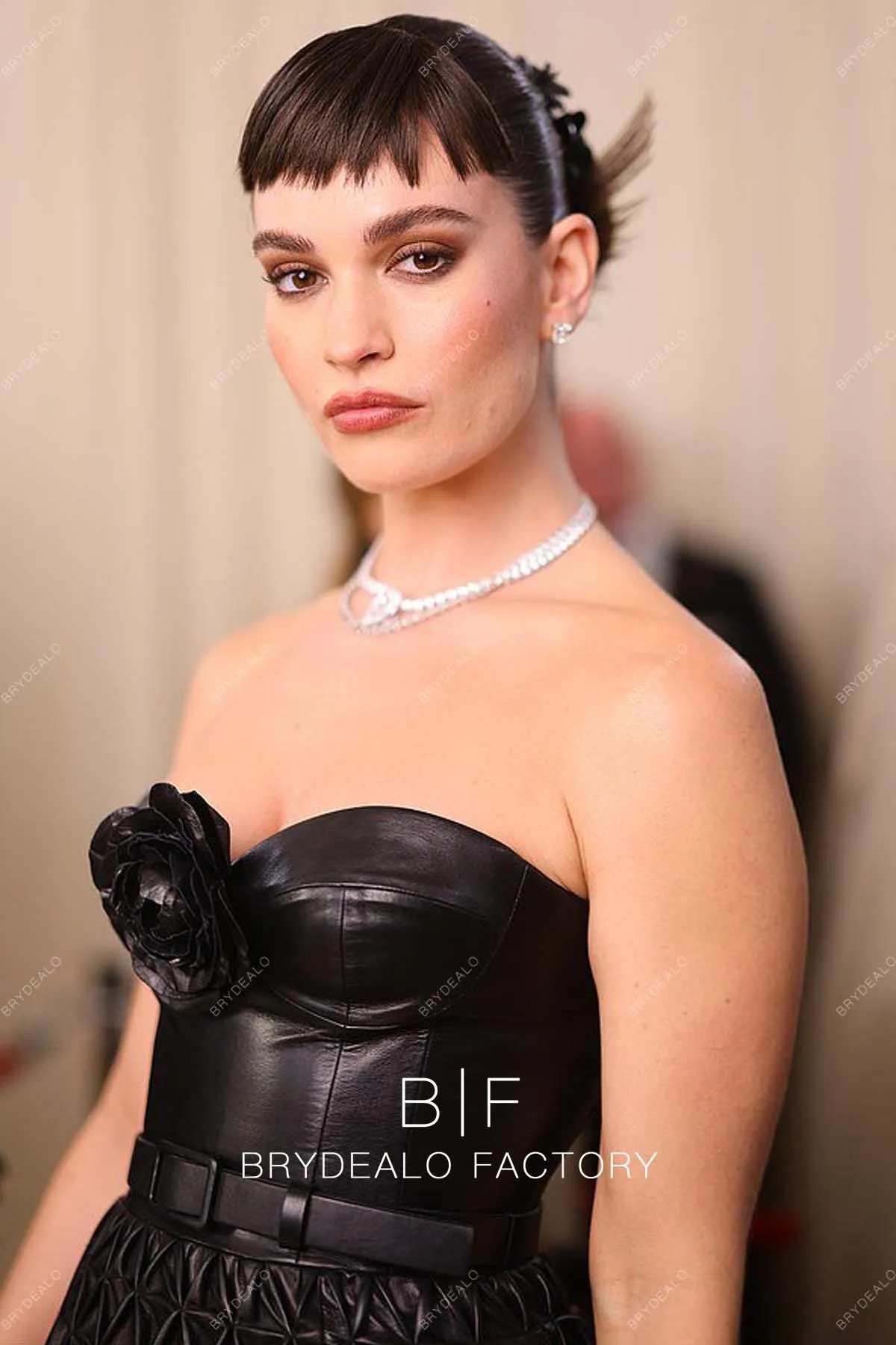 Lily James 2023 Met Gala Black Leather Corset Long Train Ball Gown