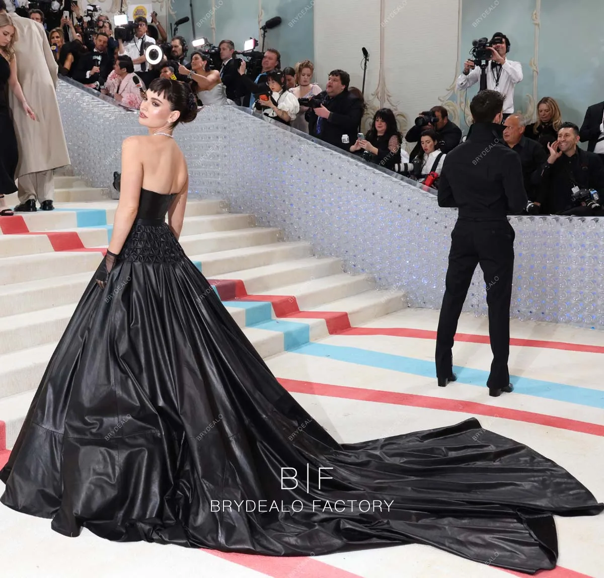 Lily James 2023 Met Gala Black Leather Corset Long Train Ball Gown