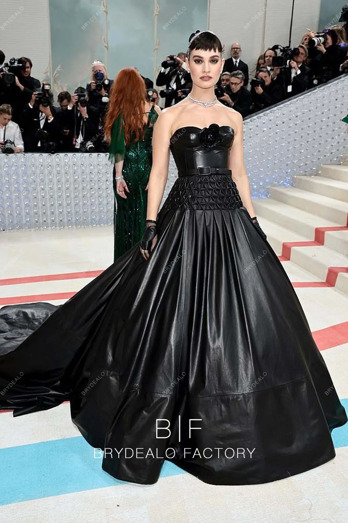 Lily James 2023 Met Gala Black Leather Corset Long Train Ball Gown