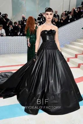 Lily James 2023 Met Gala Black Leather Corset Long Train Ball Gown
