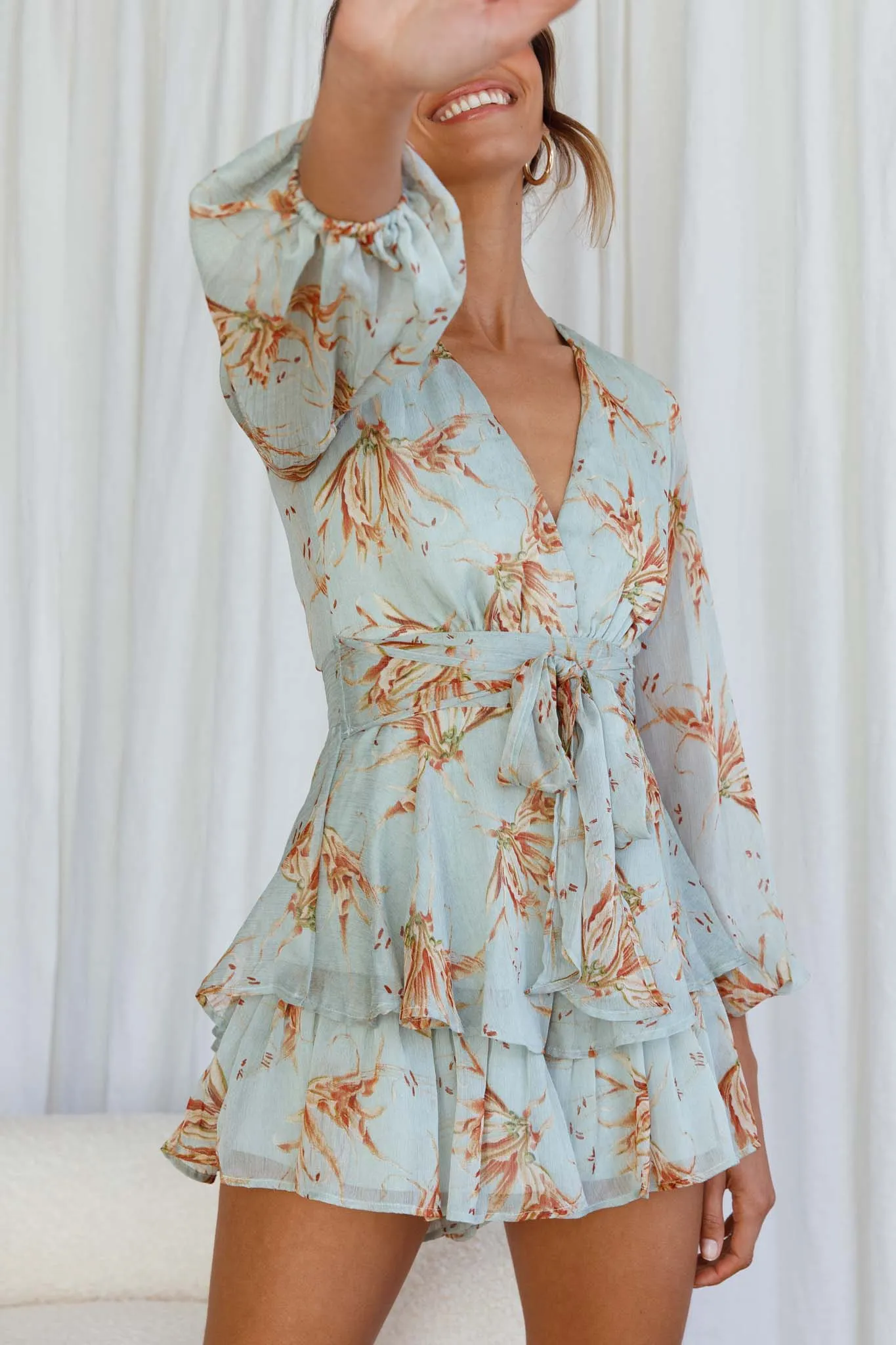 Maddox Fit & Flare Long Sleeve Romper Lily Print Pistachio
