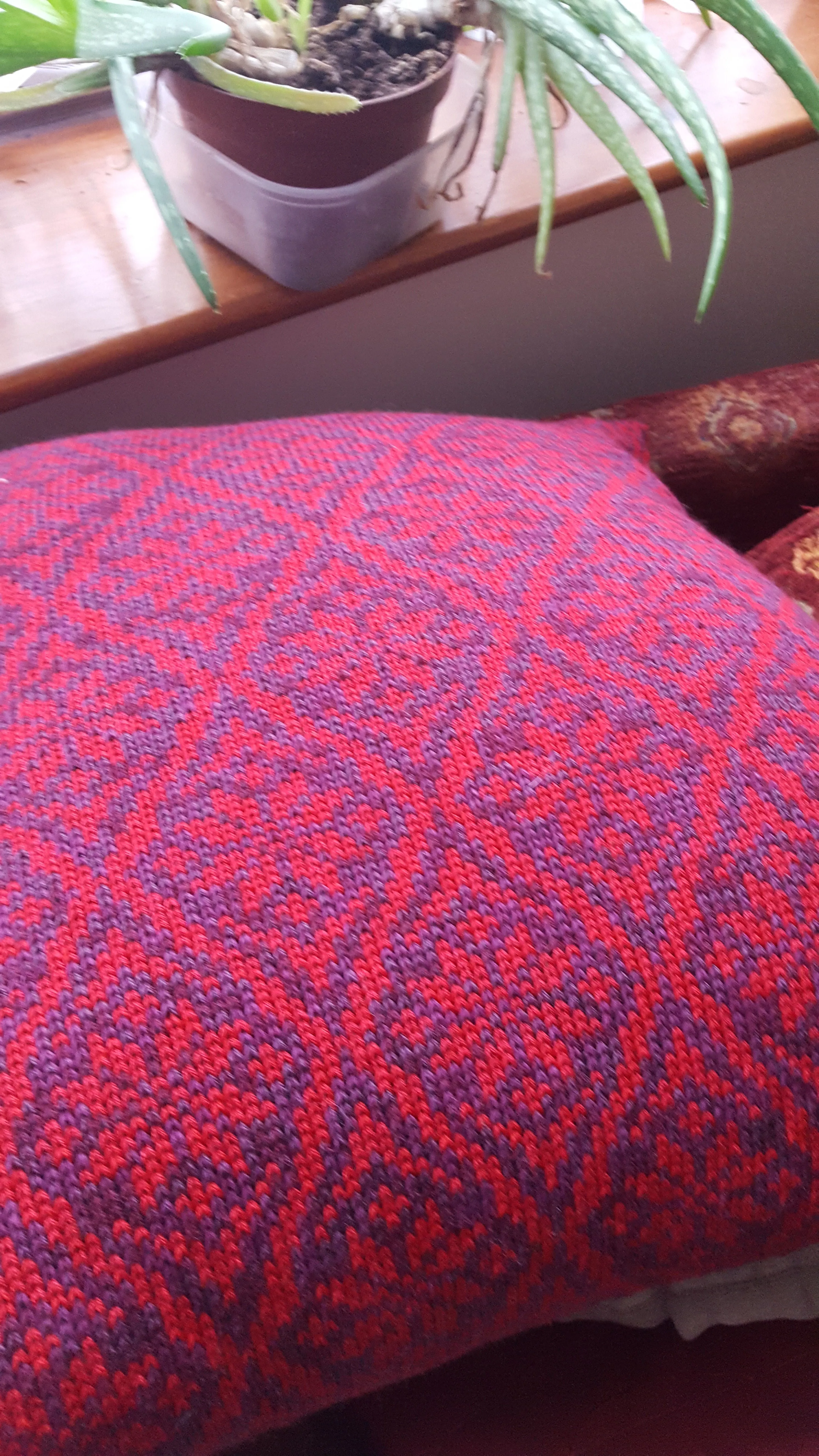 MADE TO ORDER Damask Star, traditional fair isle handmade cushion cover, Red & Aubergine.