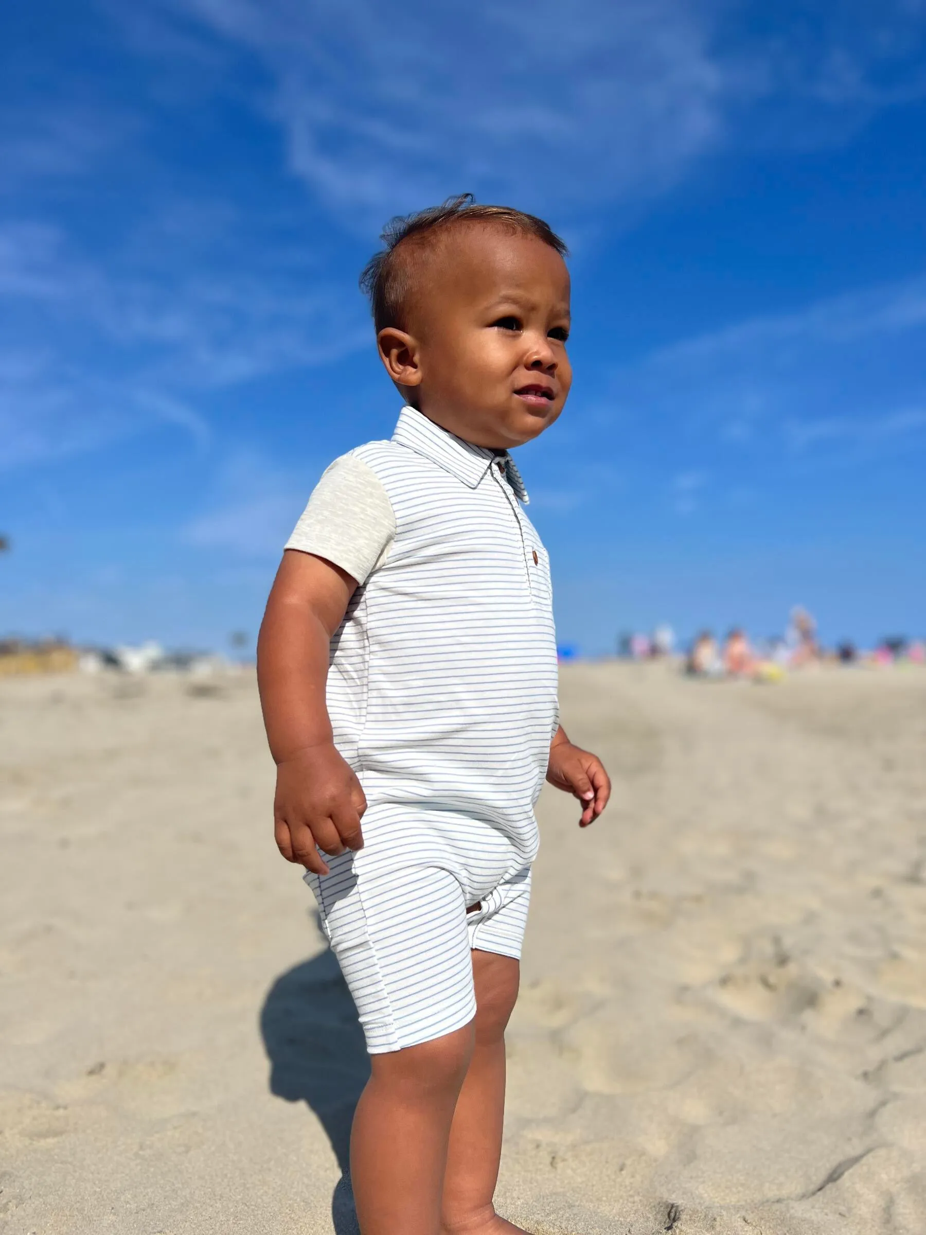 Me & Henry Grey/White Micro Stripe Polo Romper