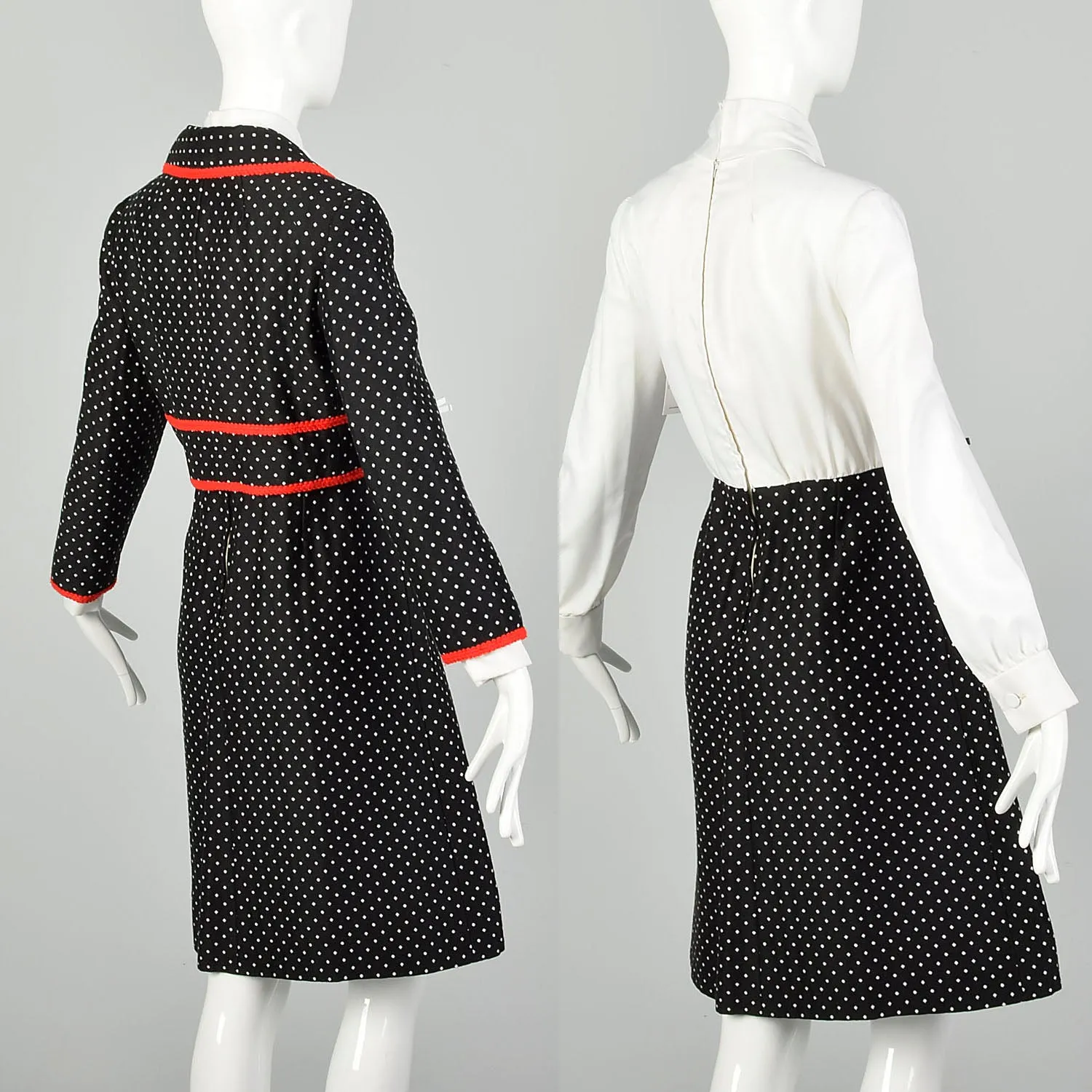 Medium 1970s Dress Jacket Ensemble Pussy Bow Red Black Ivory Knit Set