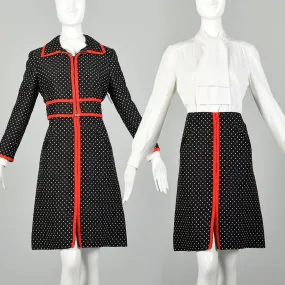 Medium 1970s Dress Jacket Ensemble Pussy Bow Red Black Ivory Knit Set
