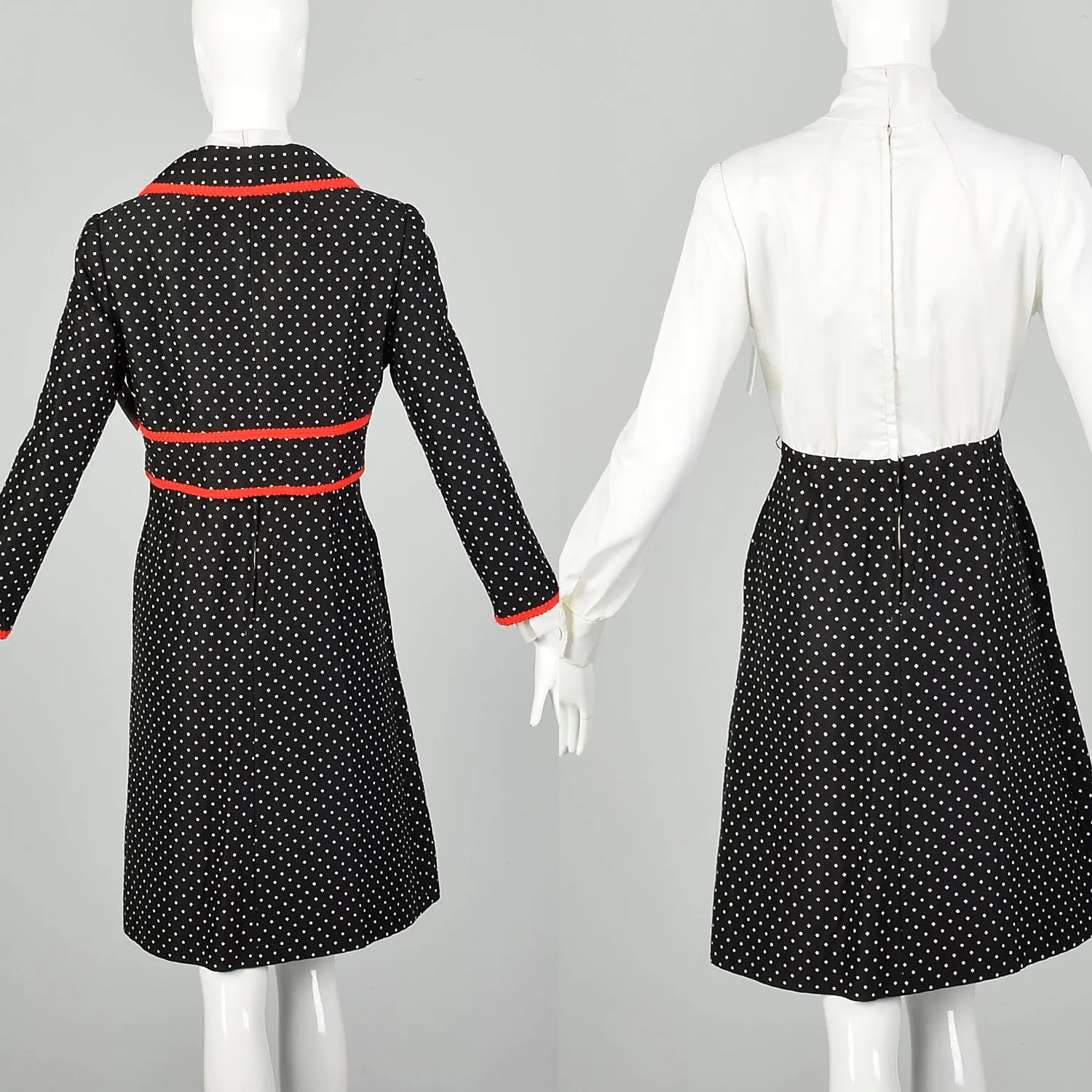 Medium 1970s Dress Jacket Ensemble Pussy Bow Red Black Ivory Knit Set