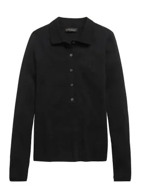 Merino-Blend Ribbed Polo in Black