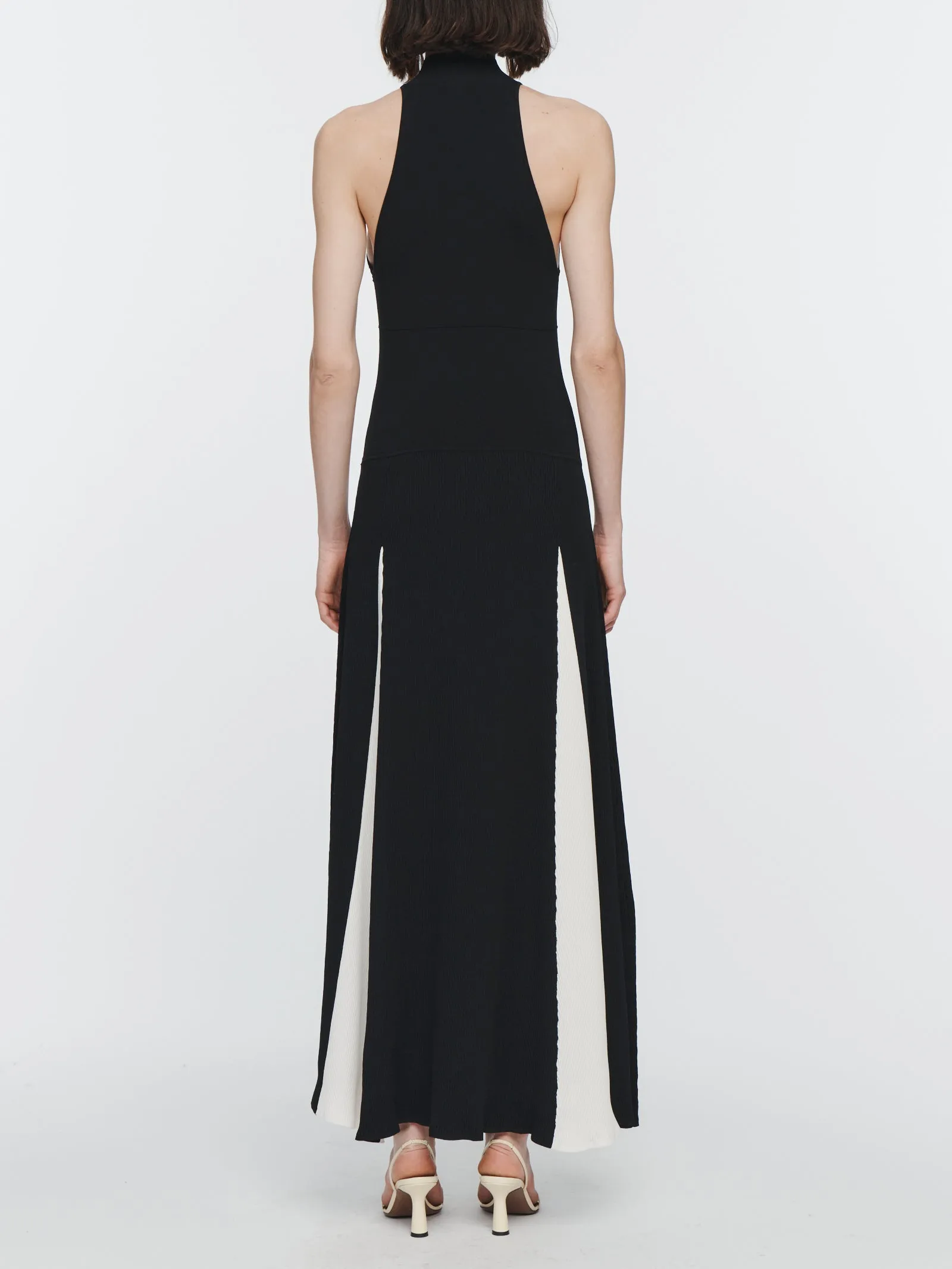 Mock Halter Neck Dress in Black with Ivory Godet