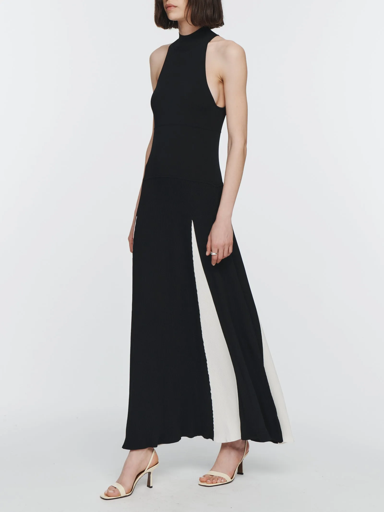 Mock Halter Neck Dress in Black with Ivory Godet