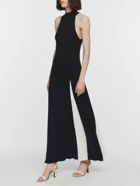 Mock Halter Neck Dress in Black with Ivory Godet