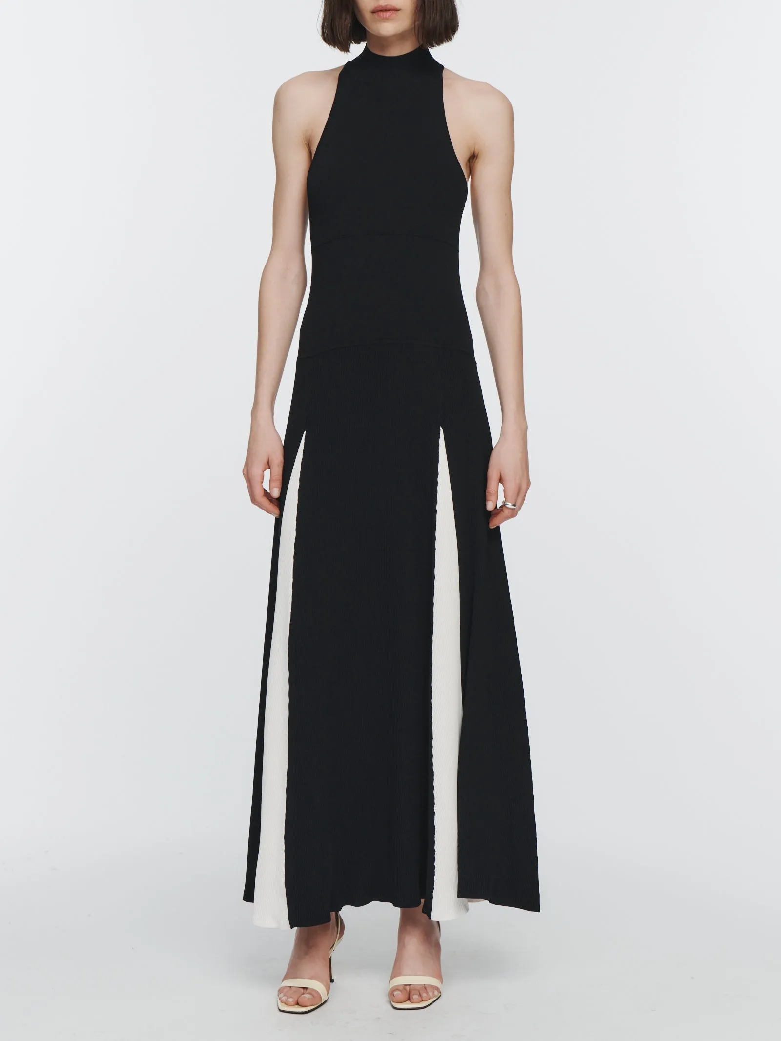 Mock Halter Neck Dress in Black with Ivory Godet
