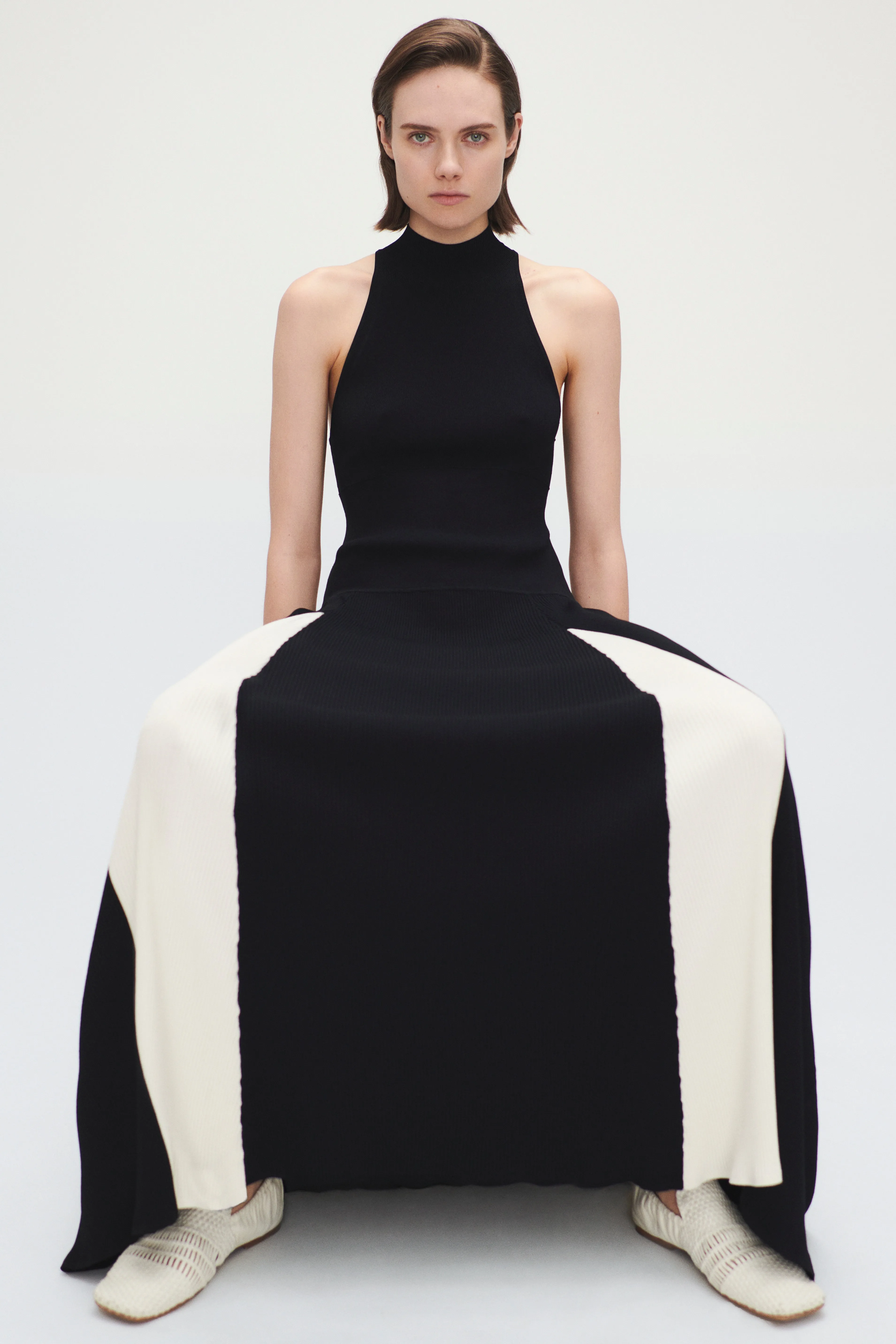 Mock Halter Neck Dress in Black with Ivory Godet