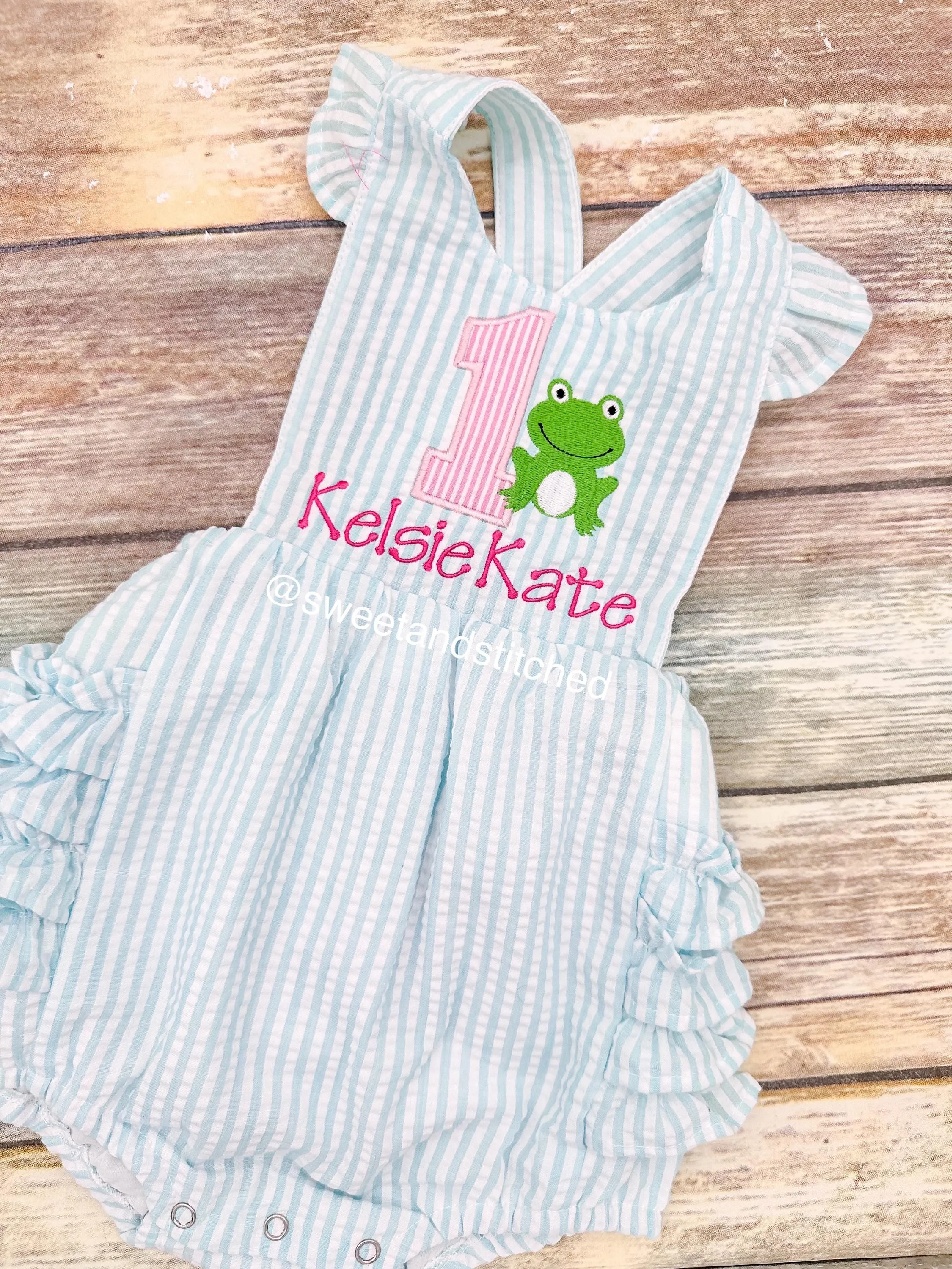 Monogrammed baby girl birthday bubble romper with frog, frog 1st birthday outfit, personalized frog themed cake smash outfit