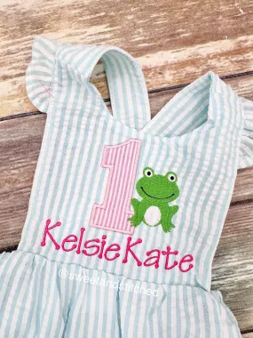 Monogrammed baby girl birthday bubble romper with frog, frog 1st birthday outfit, personalized frog themed cake smash outfit