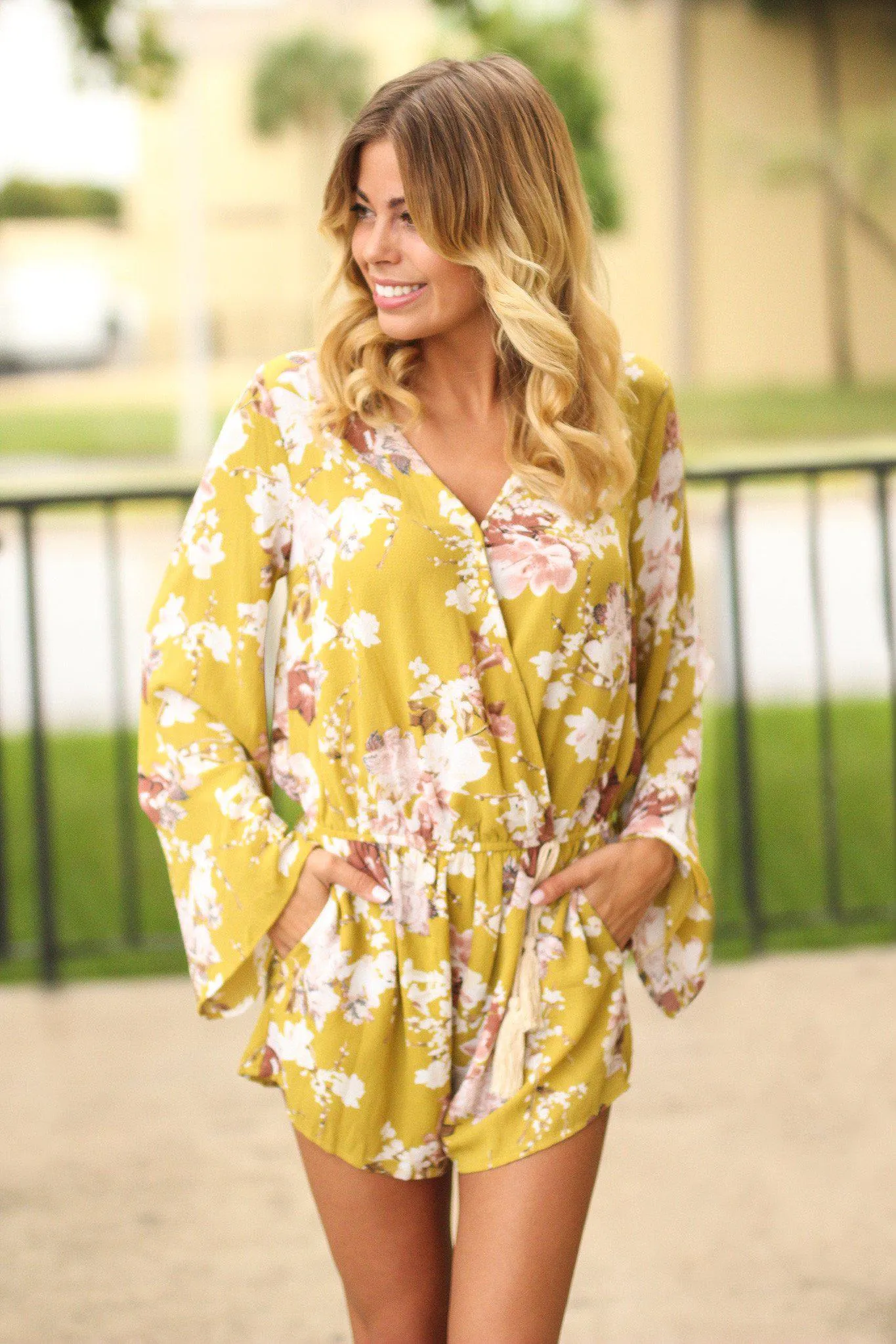 Mustard Floral Print V-Neck Romper