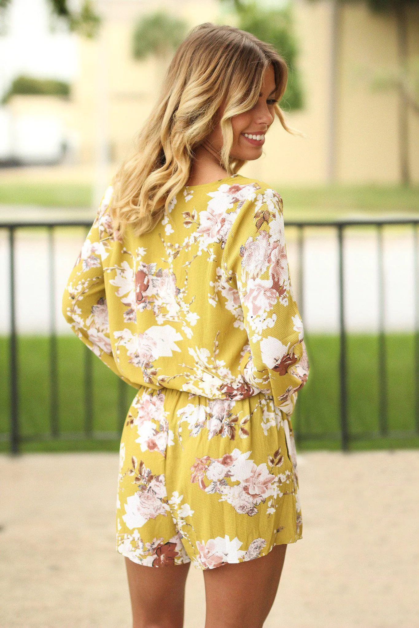 Mustard Floral Print V-Neck Romper