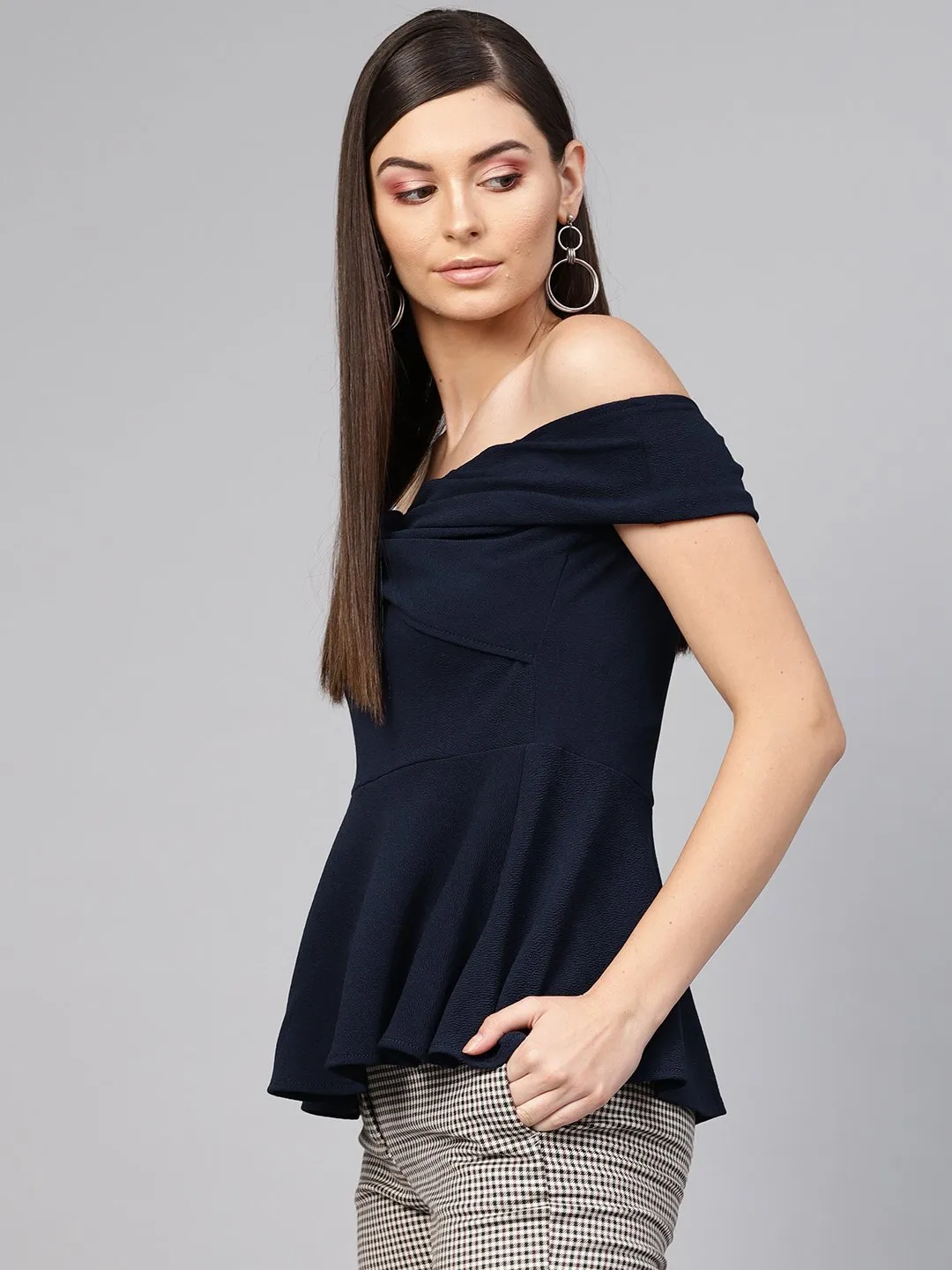 Navy Bardot Peplum Top