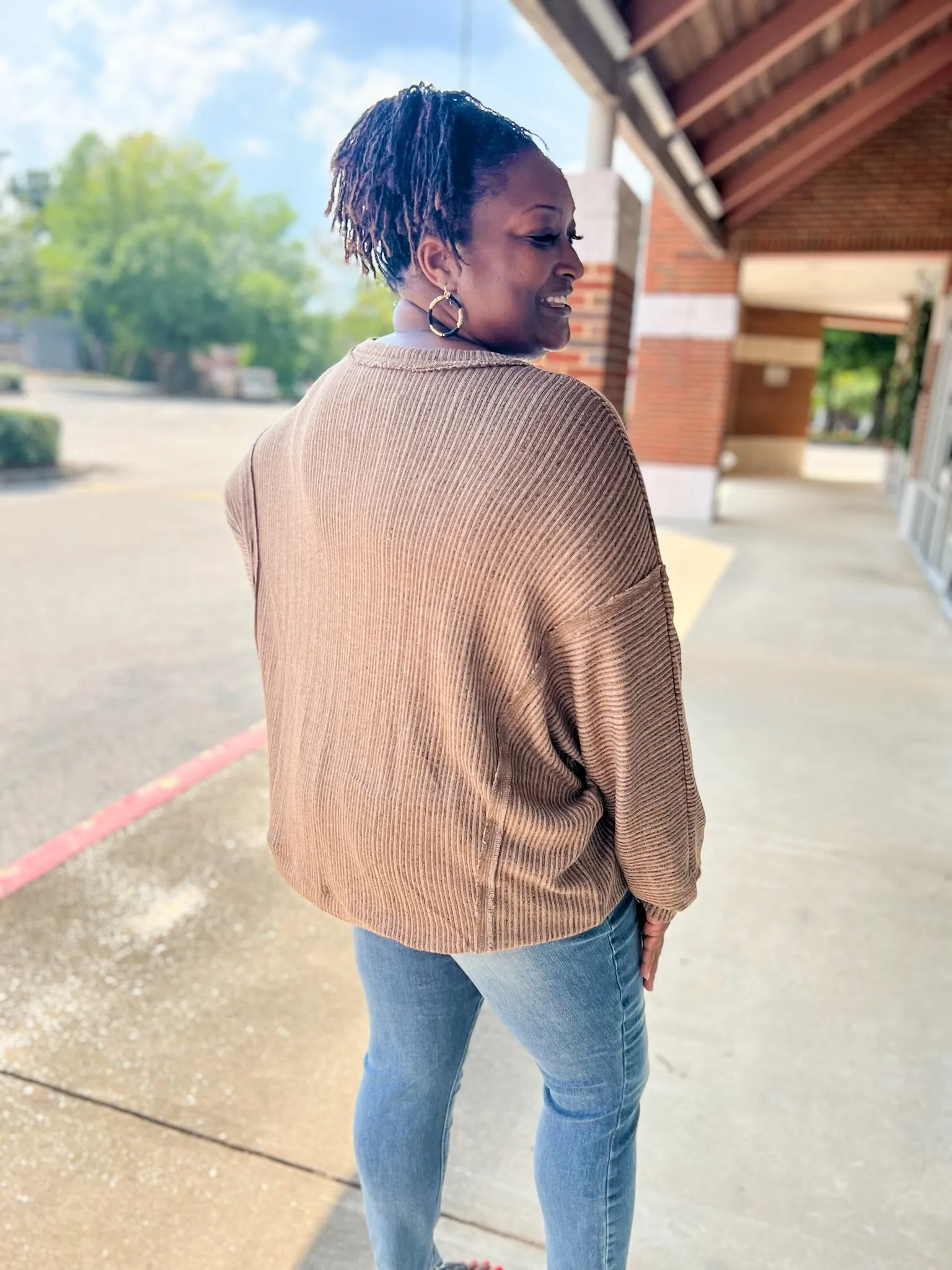 One More Time Brown Ribbed Drop Shoulder Long Sleeve Knit Top