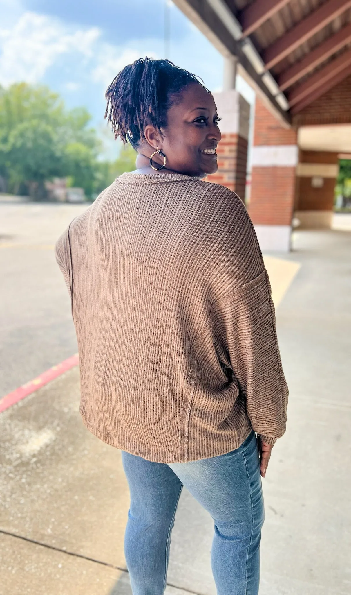 One More Time Brown Ribbed Drop Shoulder Long Sleeve Knit Top