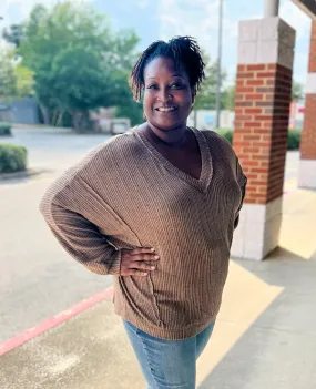 One More Time Brown Ribbed Drop Shoulder Long Sleeve Knit Top