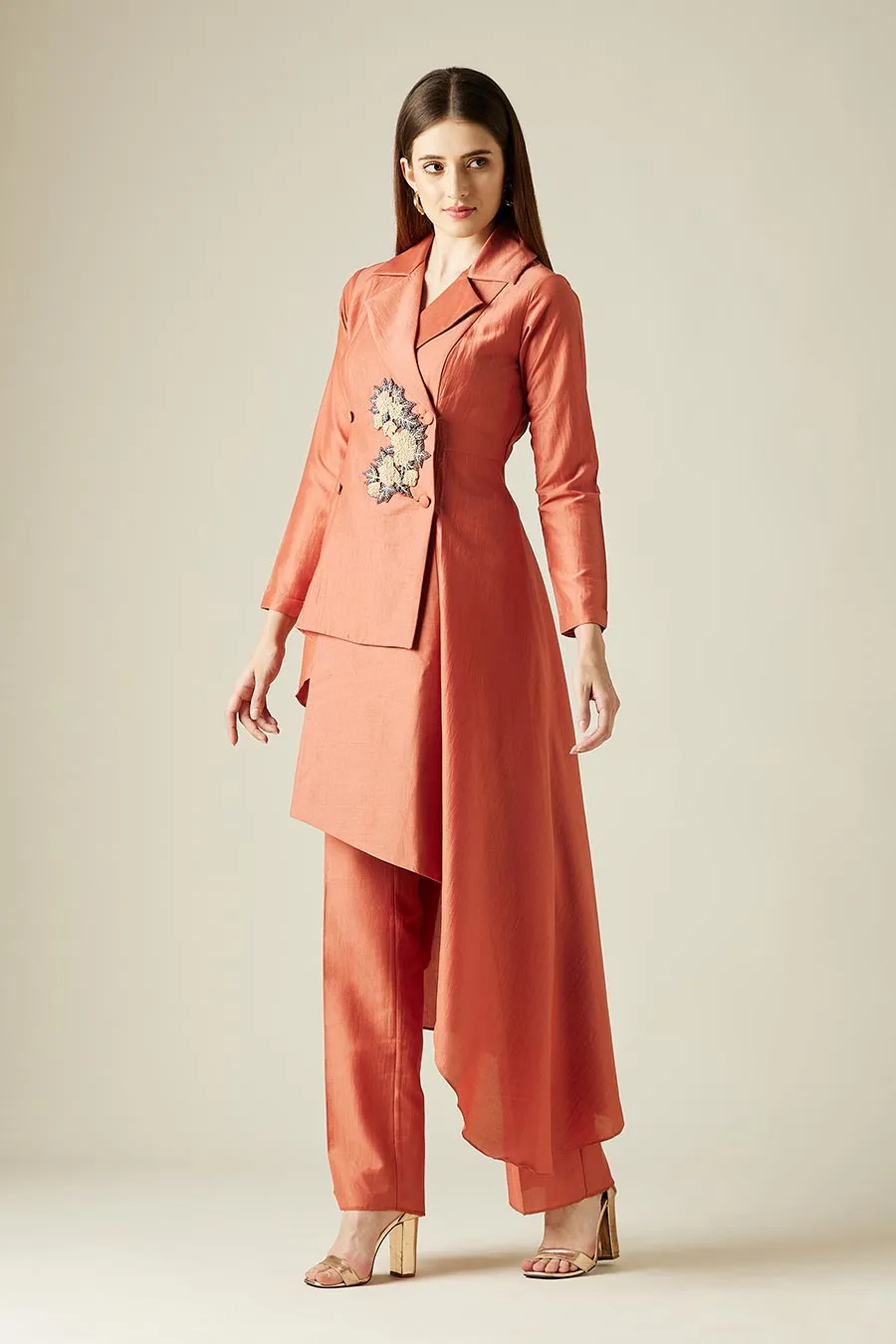Orange Bloom Blazer Tunic & Pant Co-Ord Set