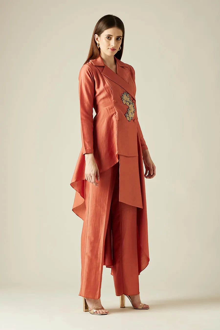 Orange Bloom Blazer Tunic & Pant Co-Ord Set