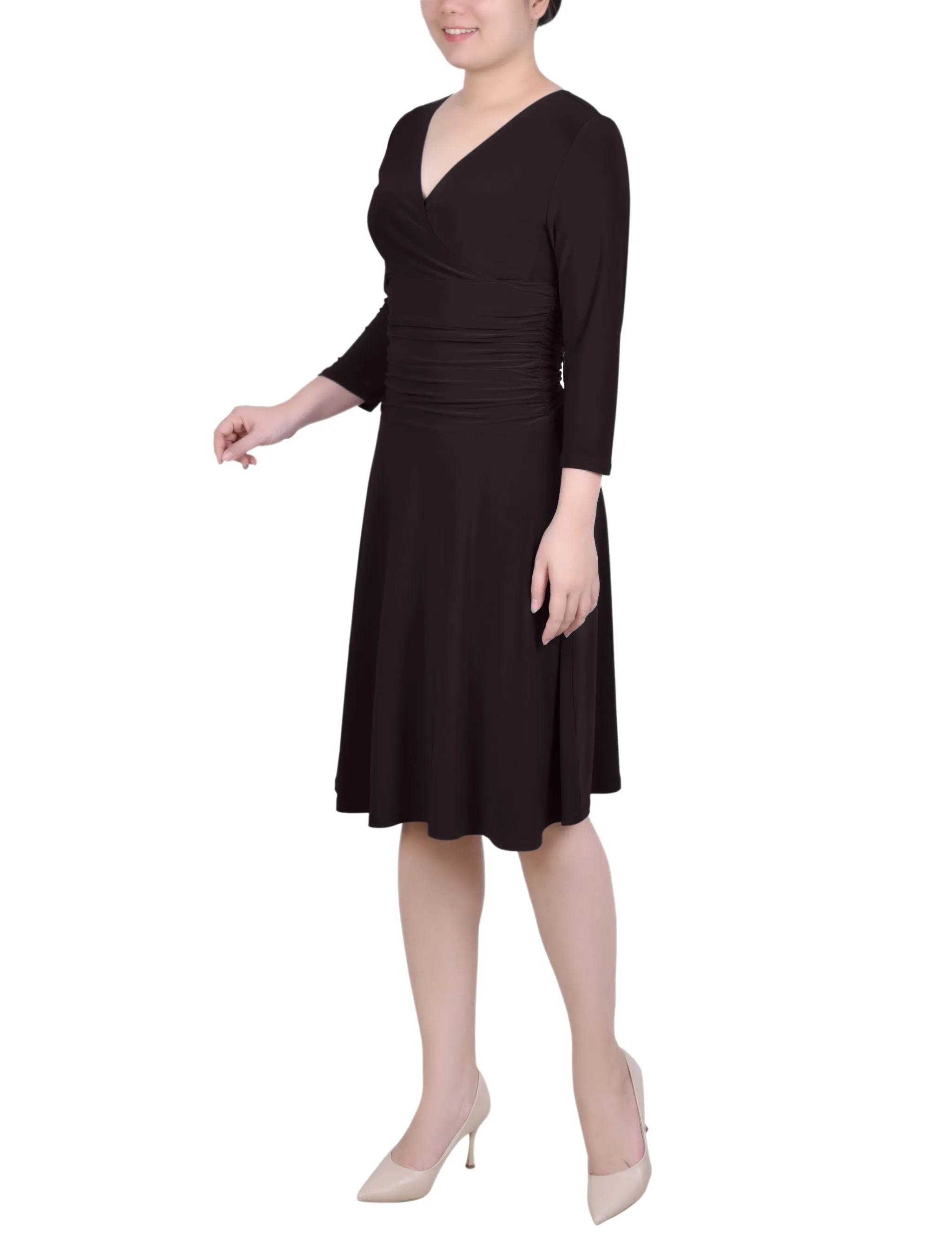 Petite 3/4 Sleeve Rouched-Waist Dress