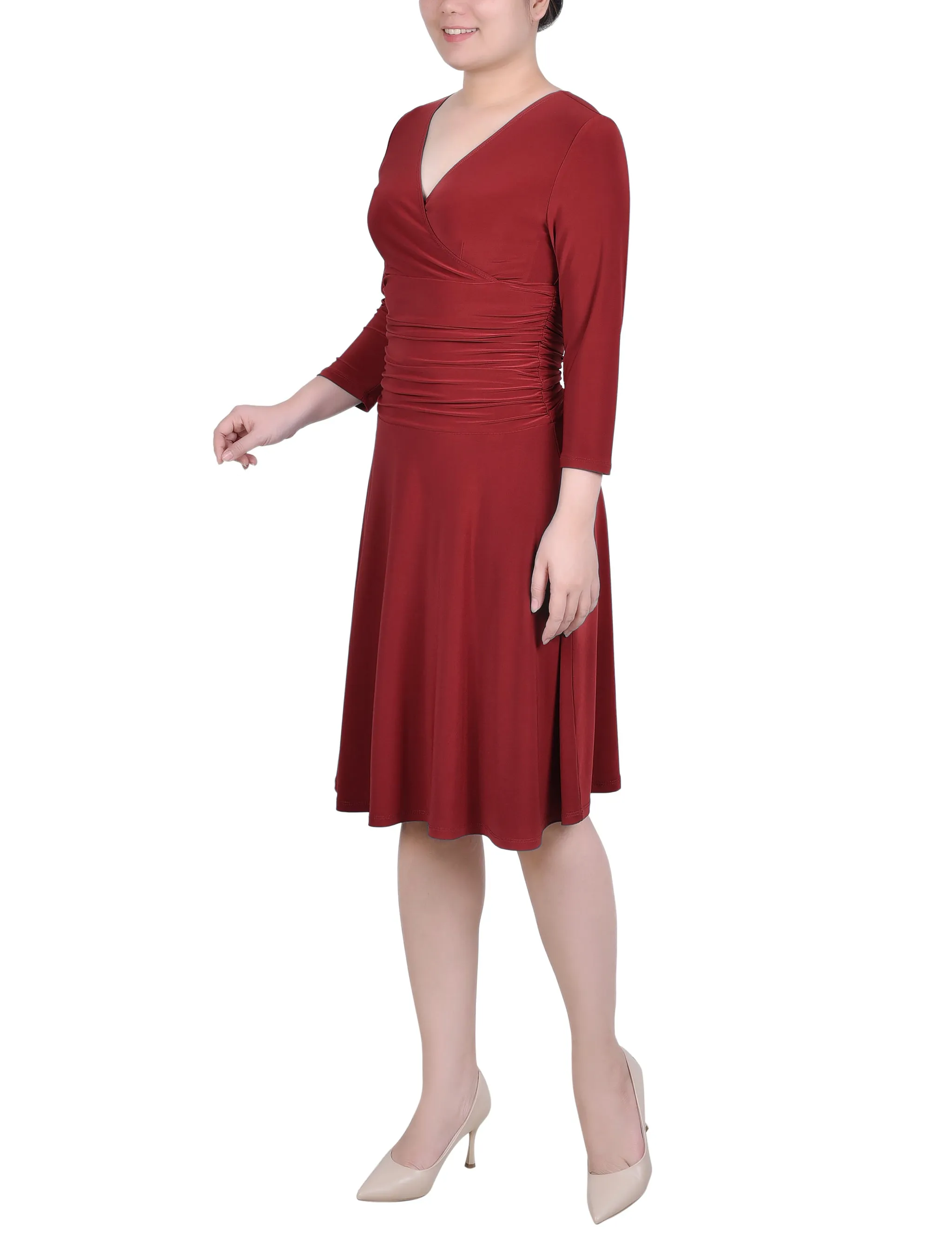 Petite 3/4 Sleeve Rouched-Waist Dress