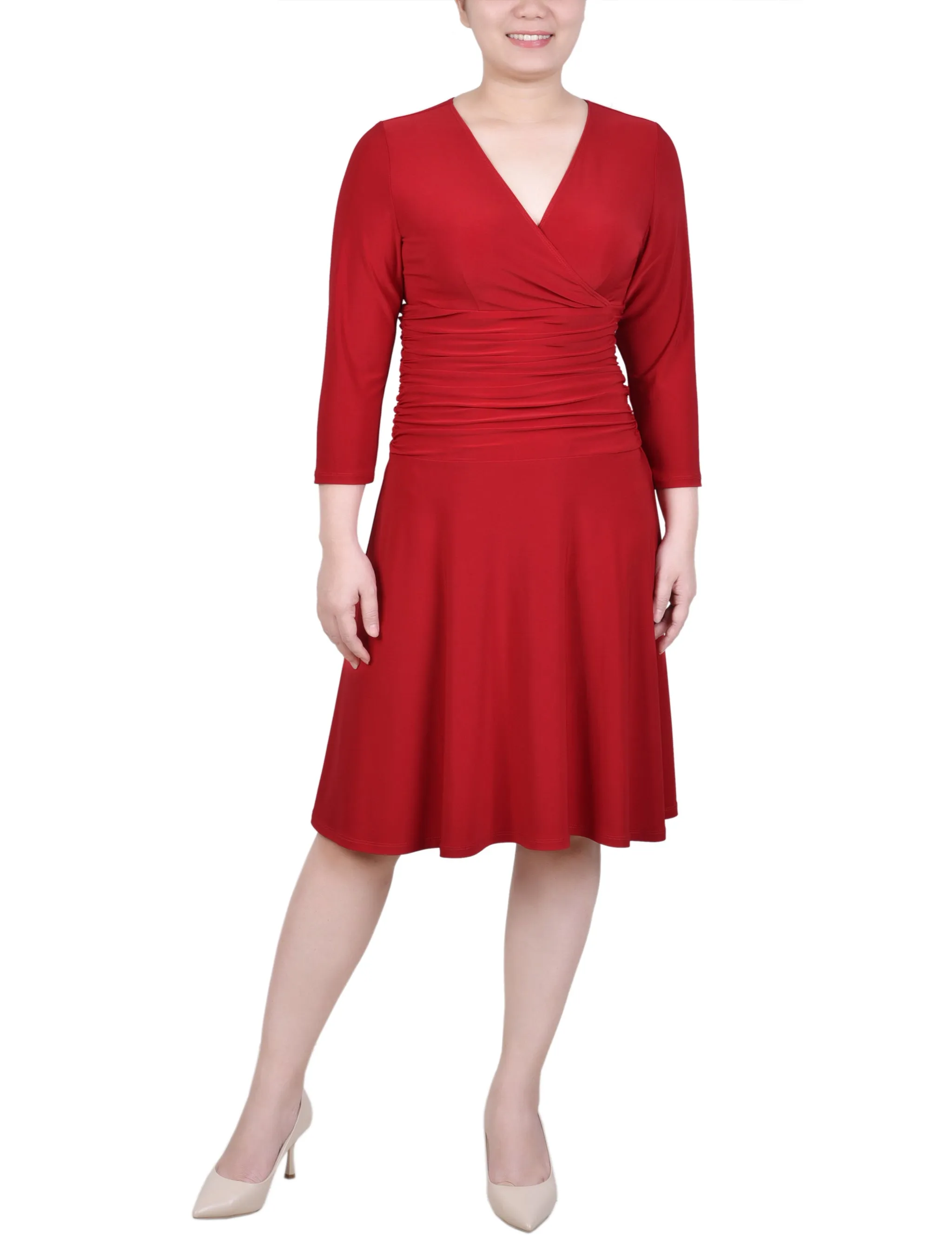 Petite 3/4 Sleeve Rouched-Waist Dress